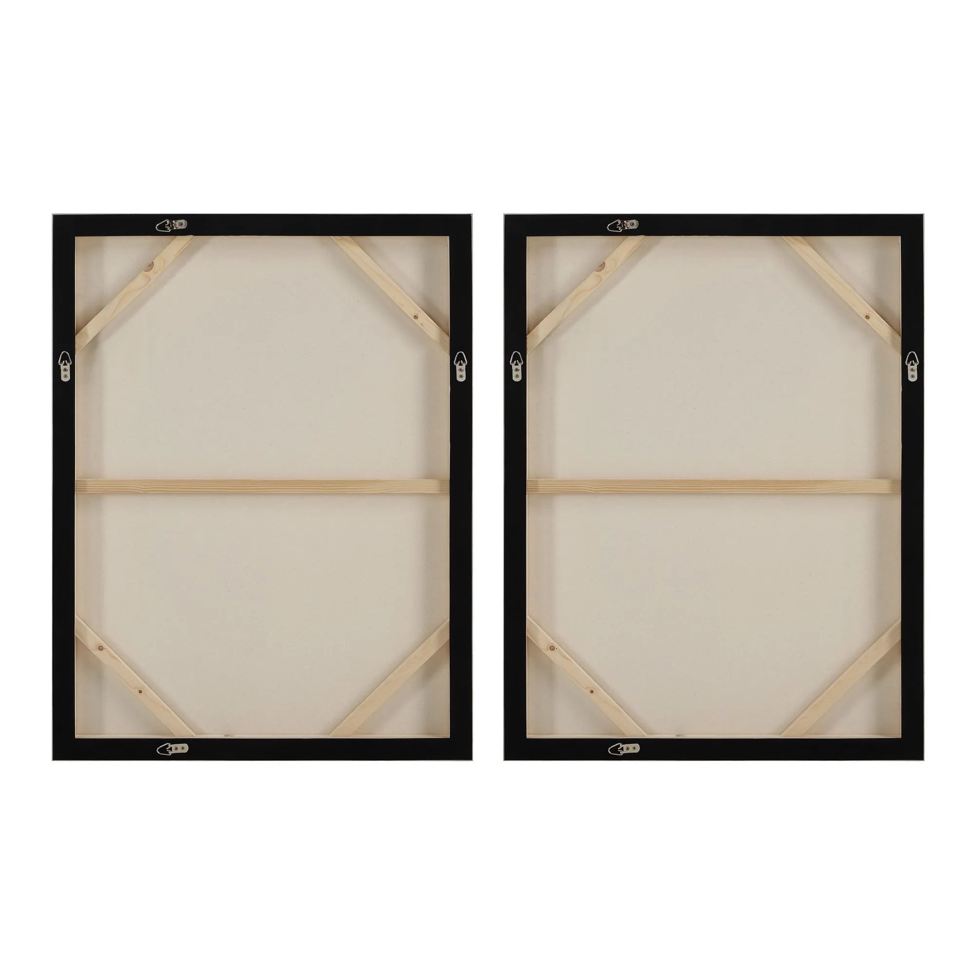 Back view of the Calma Horizon abstract wall art set, showing hanging hardware and wood stretcher frame details