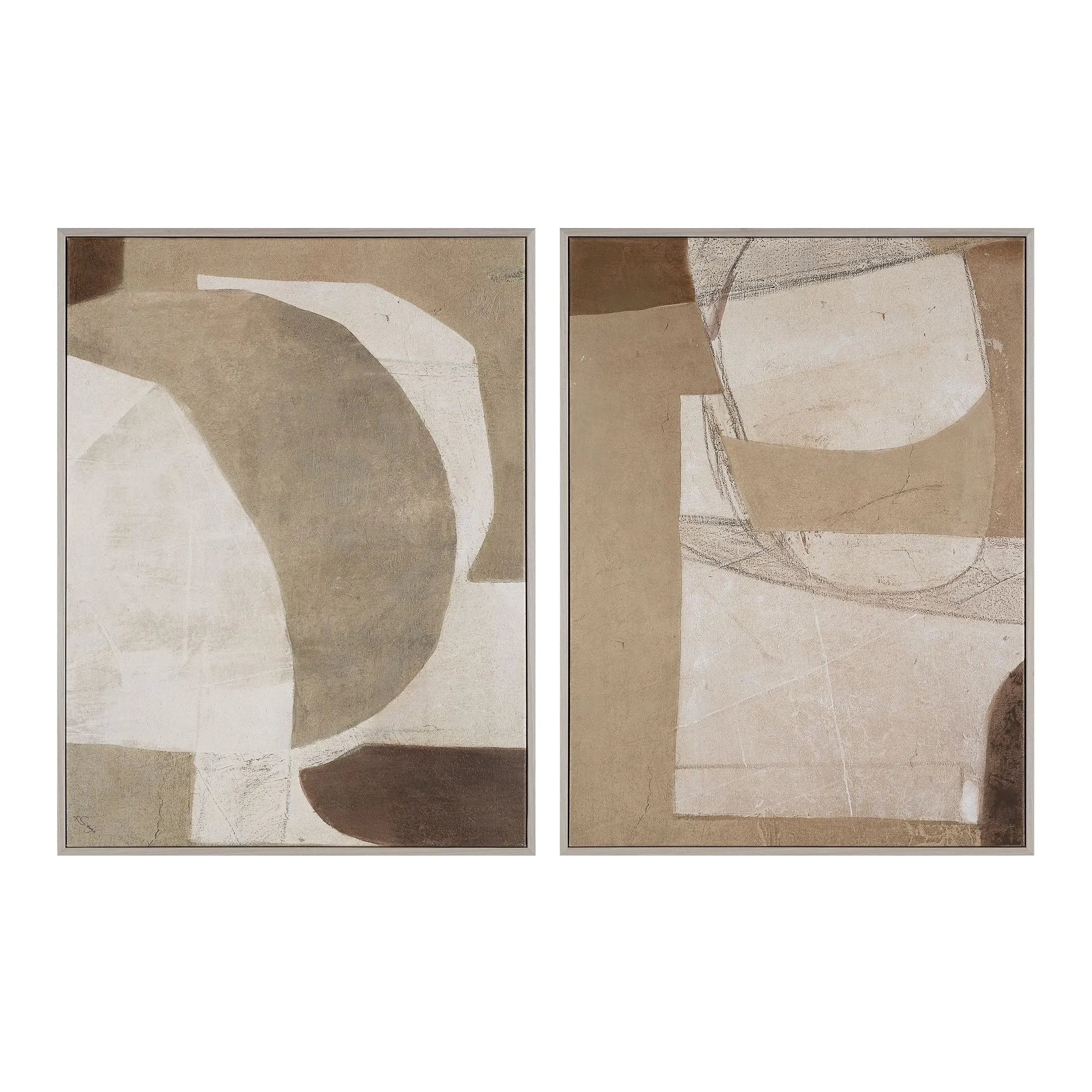 Calma Horizon abstract wall art set of two framed neutral-tone prints displayed side by side on a clean white background