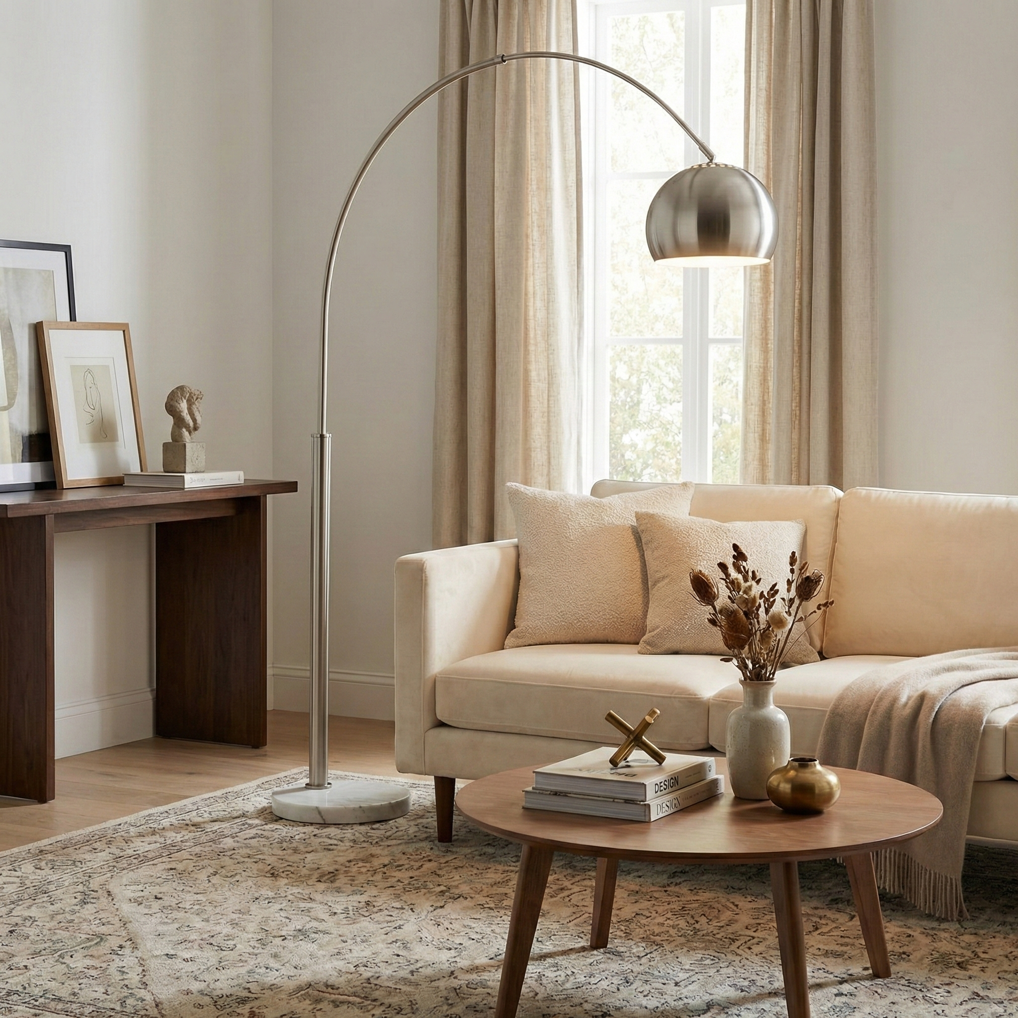 Cassia chrome arc floor lamp styled in a bright modern living room, providing overhead lighting for a sectional sofa.