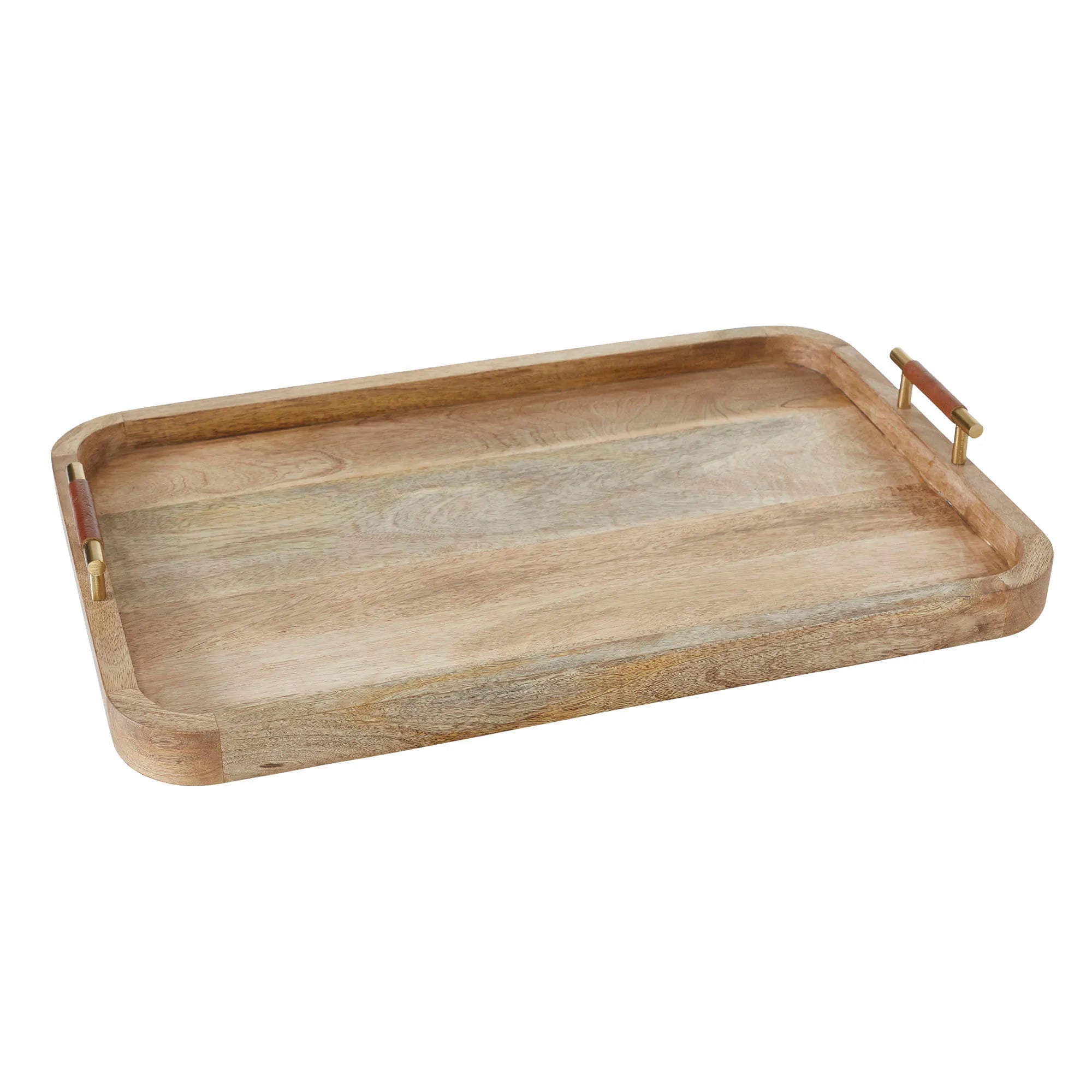 Angled view of Cavallo Wood Tray with smooth mango wood surface and brass handles for modern serving or decor use