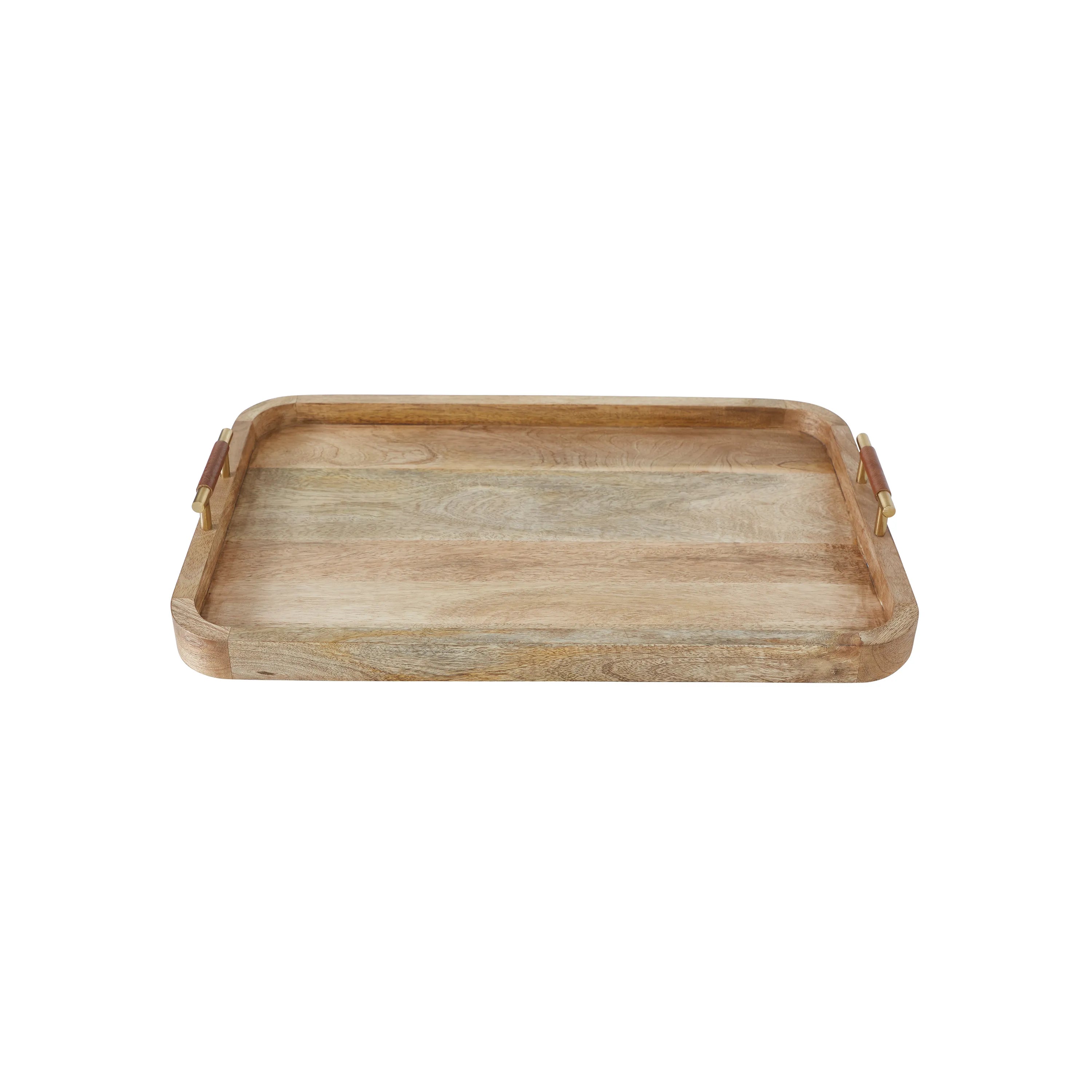 Cavallo Wood Tray made from natural mango wood with brass handles and smooth rectangular shape