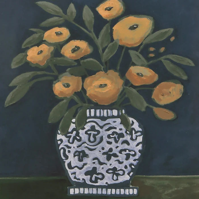 Close-up of the Clementine wall art featuring a painted still life of orange flowers in a blue and white patterned vase