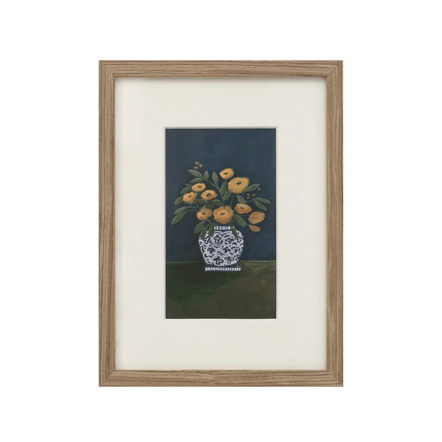 Full front view of the Clementine floral wall art featuring a moody still life flower painting in a natural wood frame.