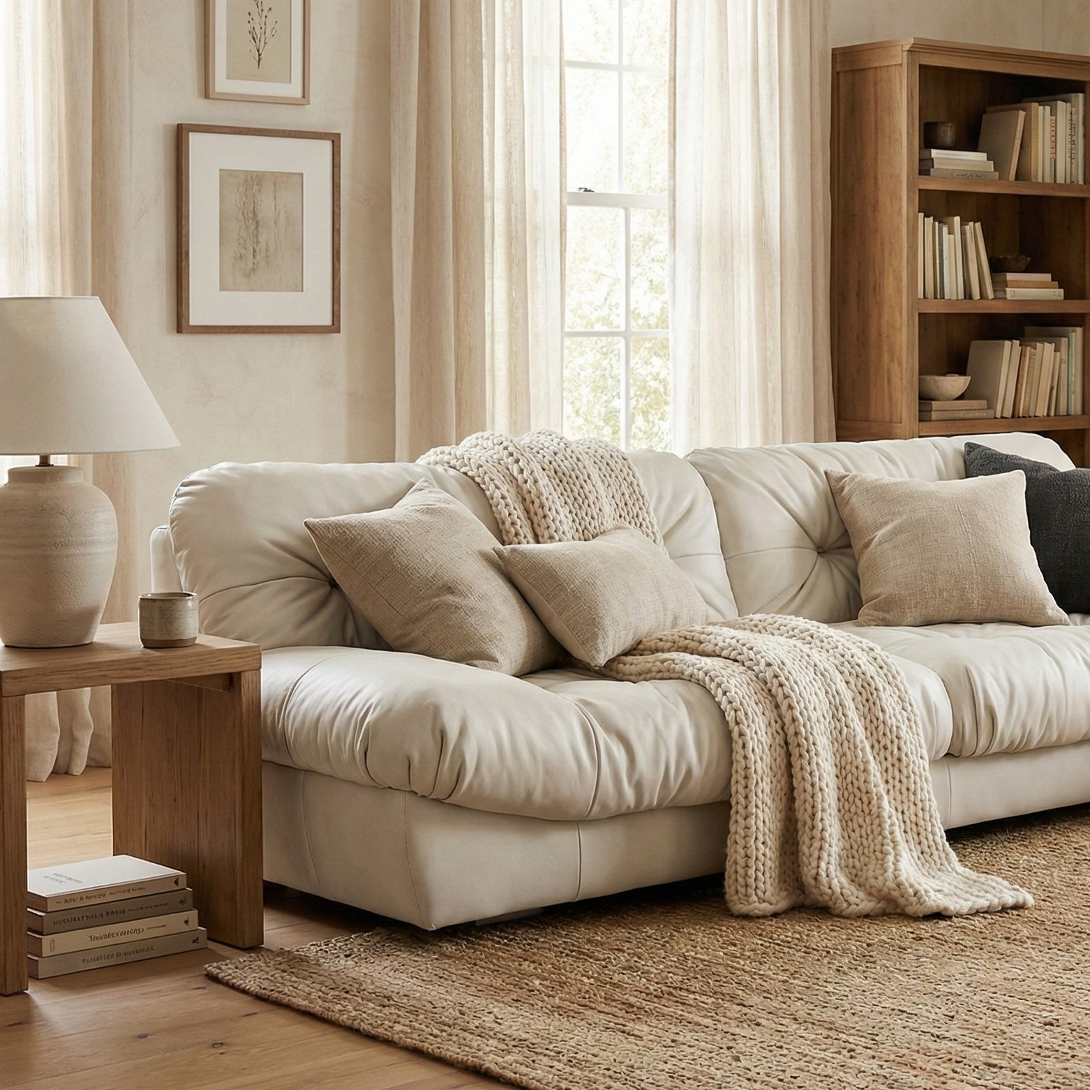 Cozy living room with a beige sectional sofa, wooden bookshelf, and decorative elements.