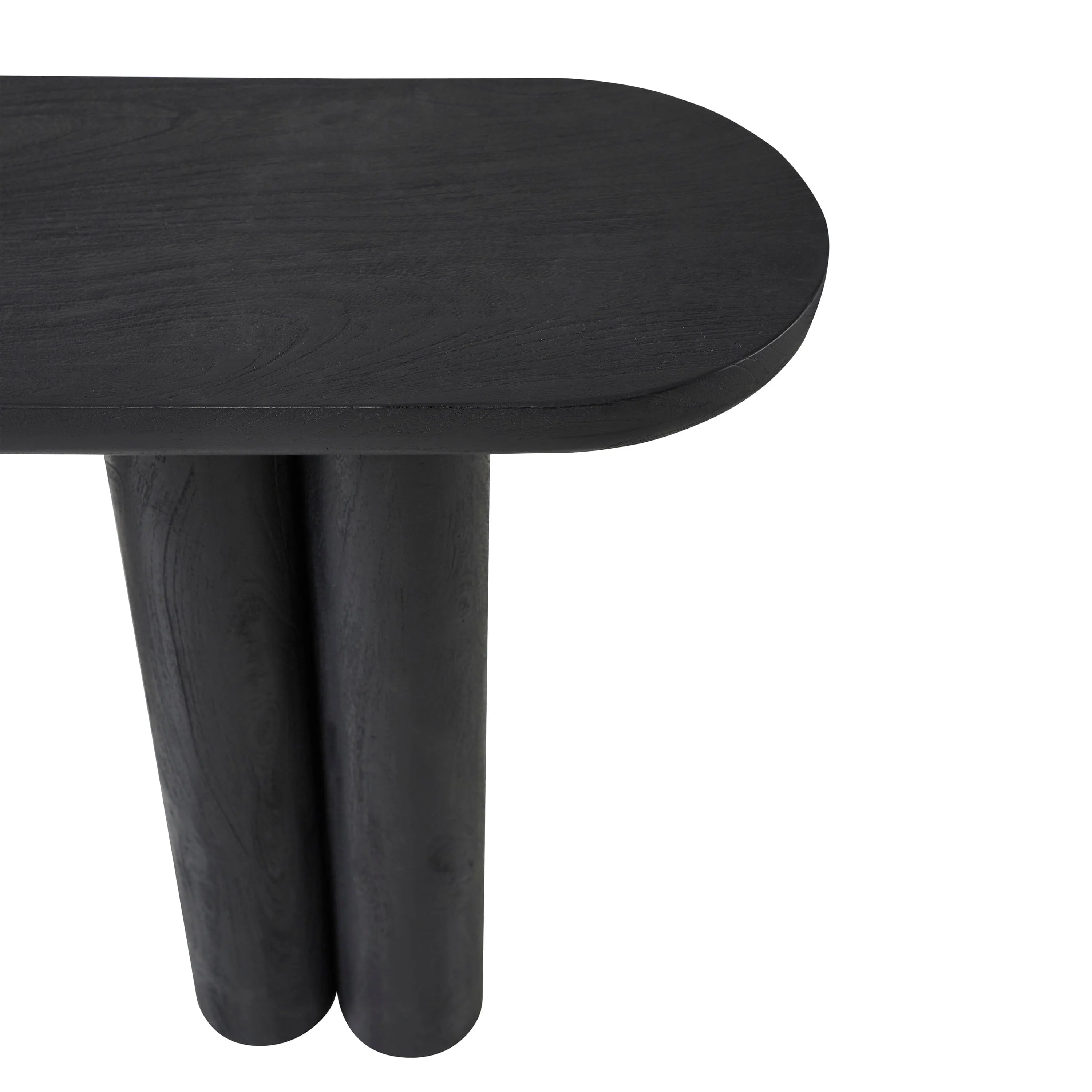 Close up detail of the black Daro console table showing the matte wood finish and seamless rounded edge.