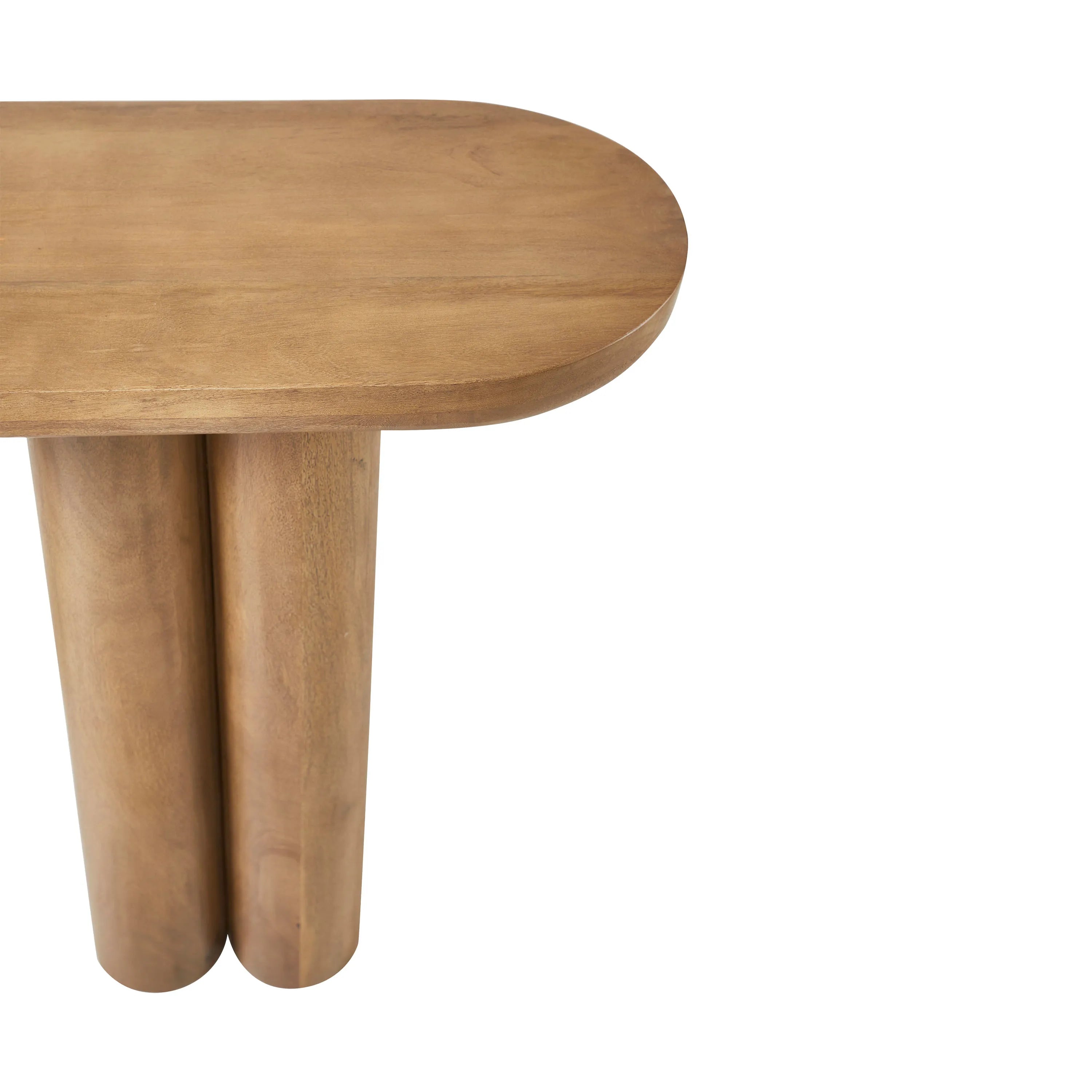 Close up detail of the Daro console table showing the smooth rounded corner and natural wood grain texture.