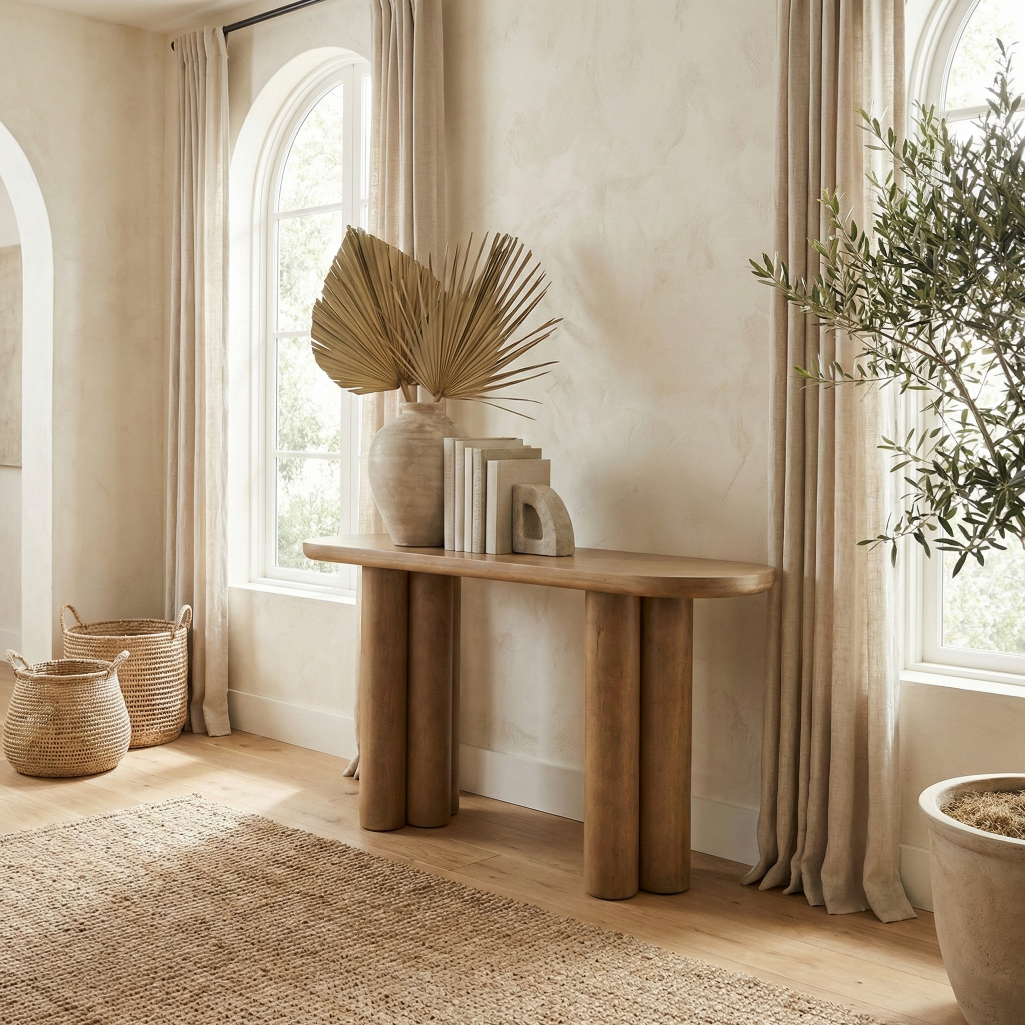 Daro natural wood console table styled in a sunny bohemian entryway with dried palm leaves and clay vases.
