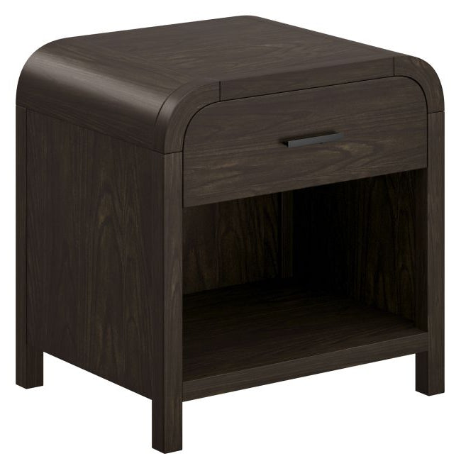 Angled view of the Eamon nightstand in a rich dark espresso wood finish, highlighting its curved waterfall top edges.