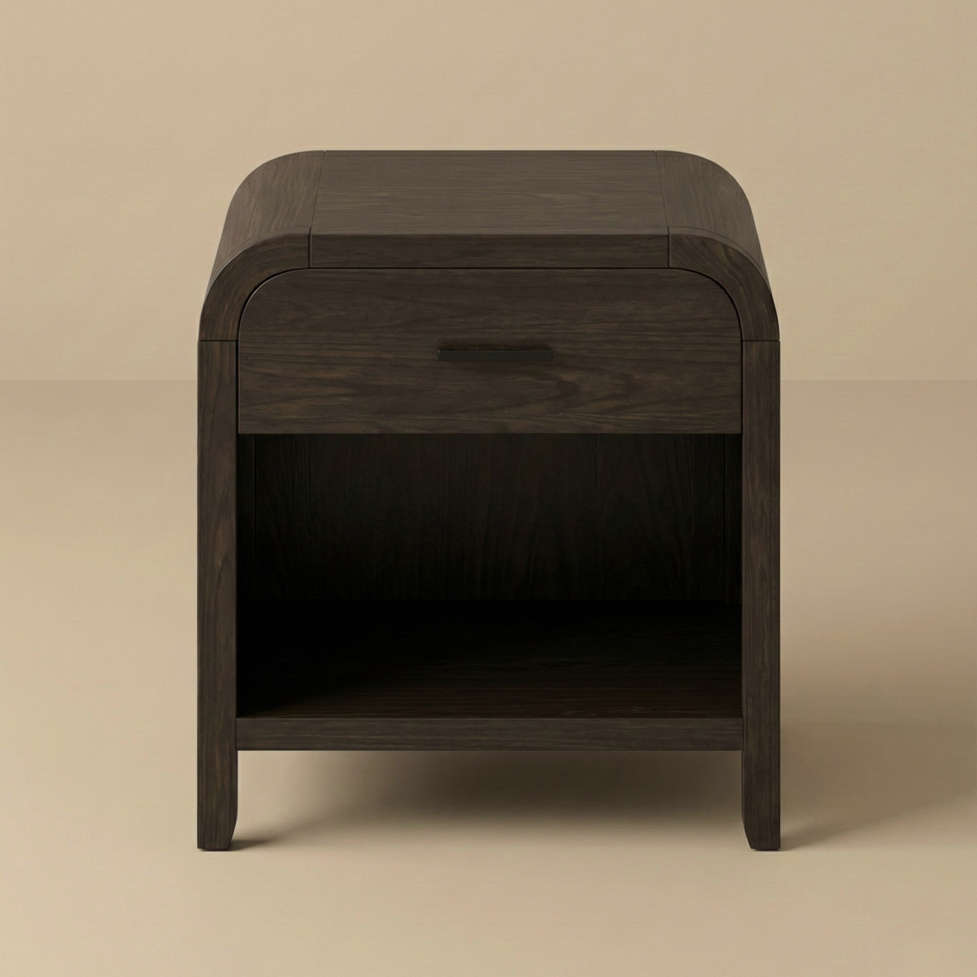 Full front view of the Eamon dark wood nightstand featuring a single drawer with a black pull and an open bottom shelf.