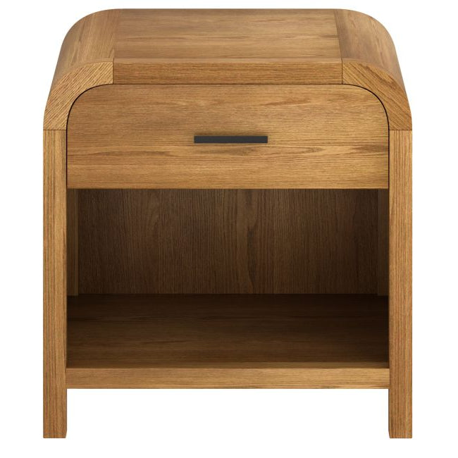 Full front view of the Eamon natural light wood nightstand featuring a smooth curved top, single drawer, and open lower shelf.