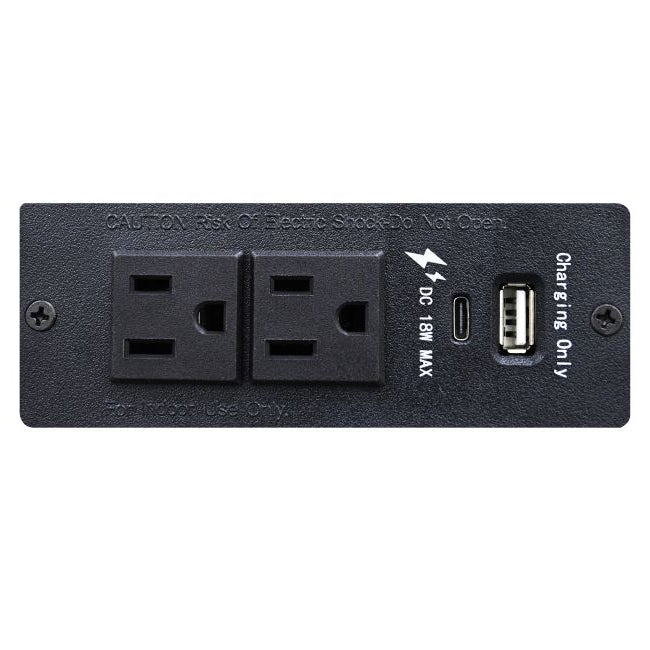 Close-up detail of the built-in power strip on the back of the Eamon nightstand, featuring two AC outlets and USB charging ports.