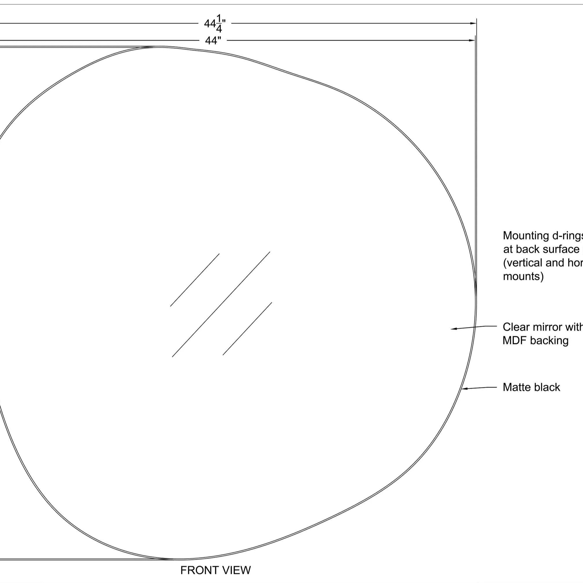 Technical drawing of Eclipse Wall Mirror showing irregular shape, dimensions, side profile, and mounting details