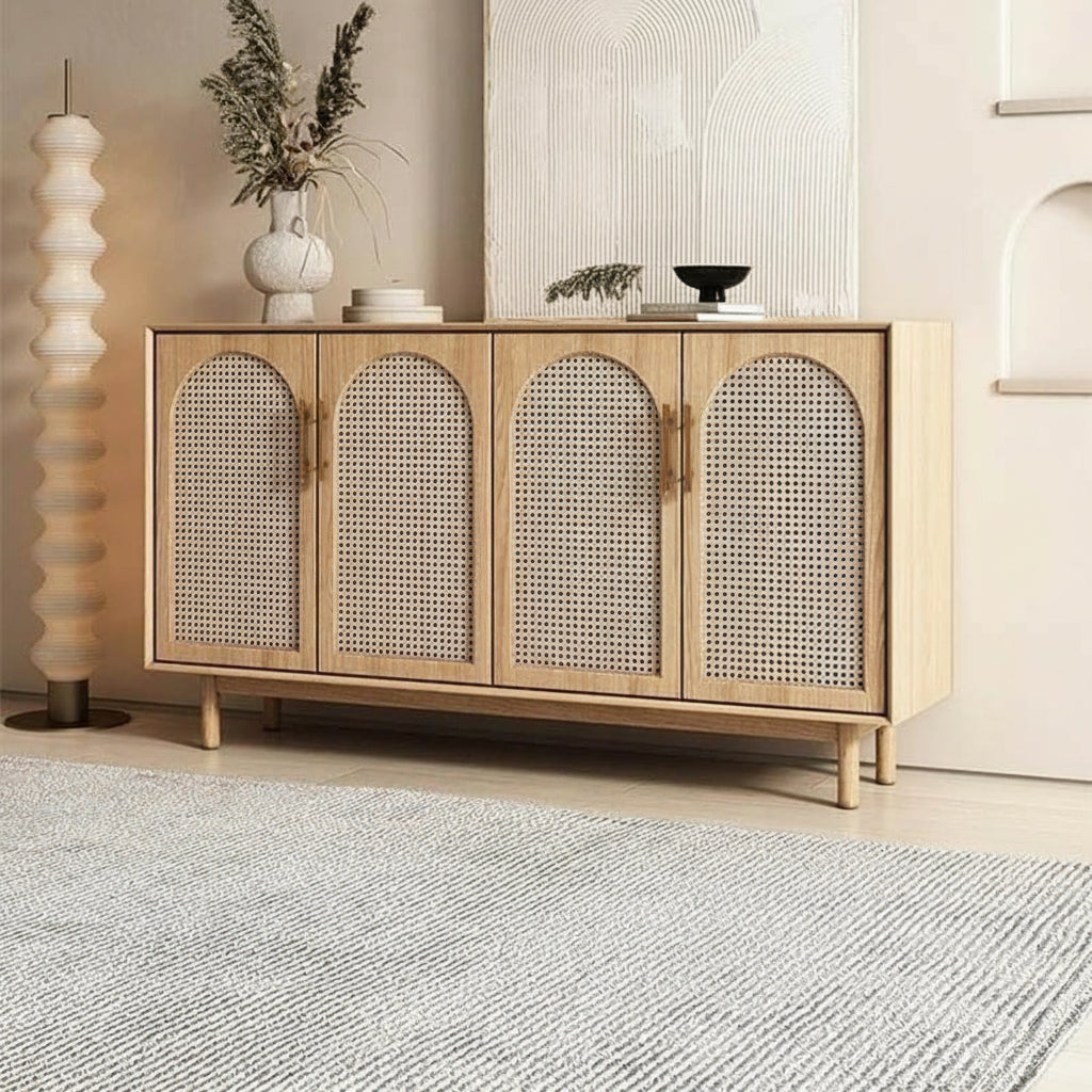 Elegance Rattan Ash Wood Arch Sideboard in a modern neutral living space with arch-patterned rattan doors.