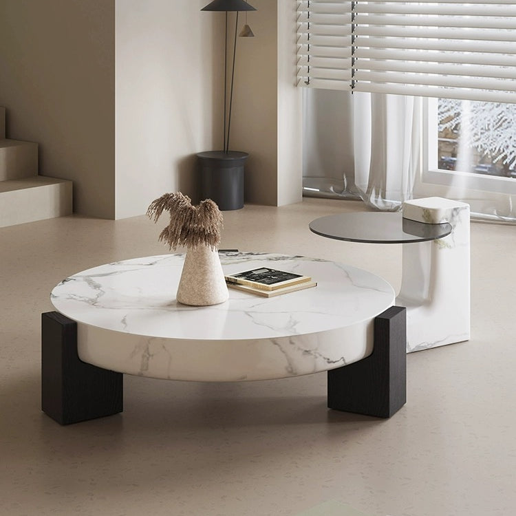 Elegant Fusion Coffee Table Set with white marble top and black base styled in a modern living room with neutral decor