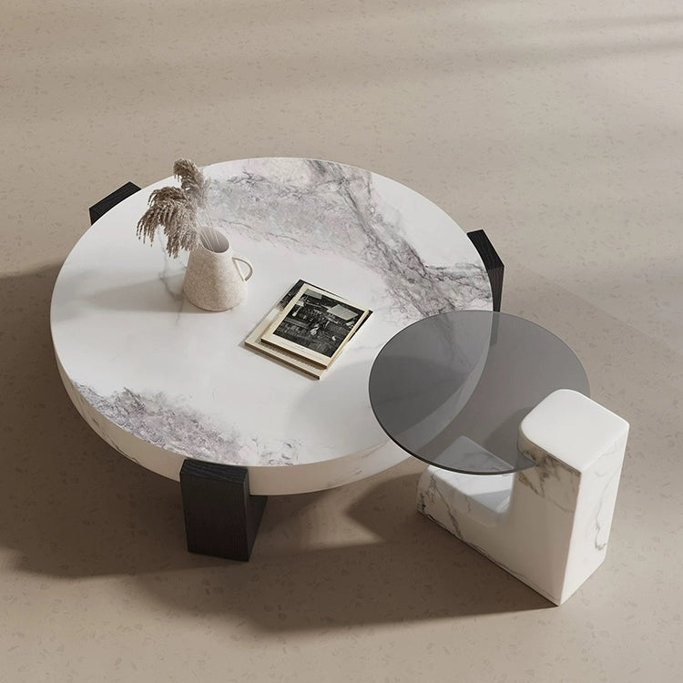 Elegant Fusion Coffee Table Set viewed from above, showing white marble surface with dark veining and black side table accent