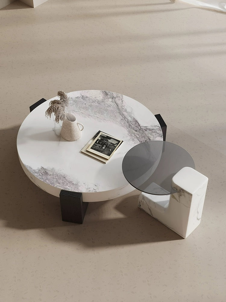 Elegant Fusion Coffee Table Set viewed from above, showing white marble surface with dark veining and black side table accent