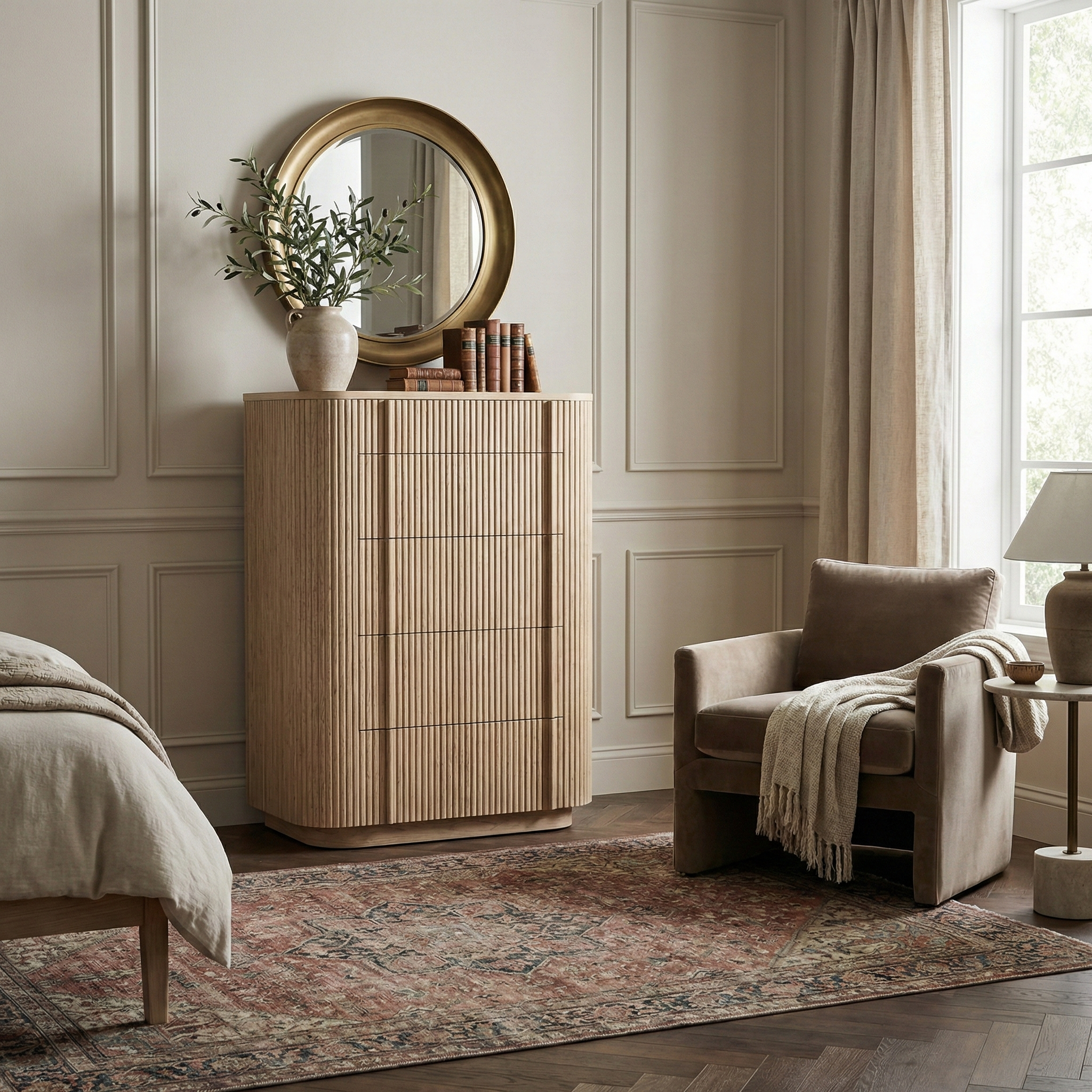 Elias oak tallboy dresser styled in a neutral bedroom with a round mirror, showcasing its vertical fluted texture and space-saving vertical design.