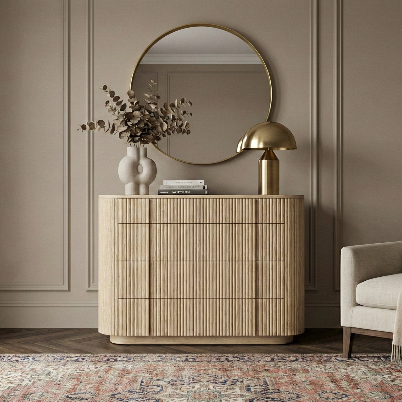 Elias ribbed wood dresser styled in a modern home with a gold mushroom lamp and abstract art, highlighting the warm oak finish and soft curved edges.