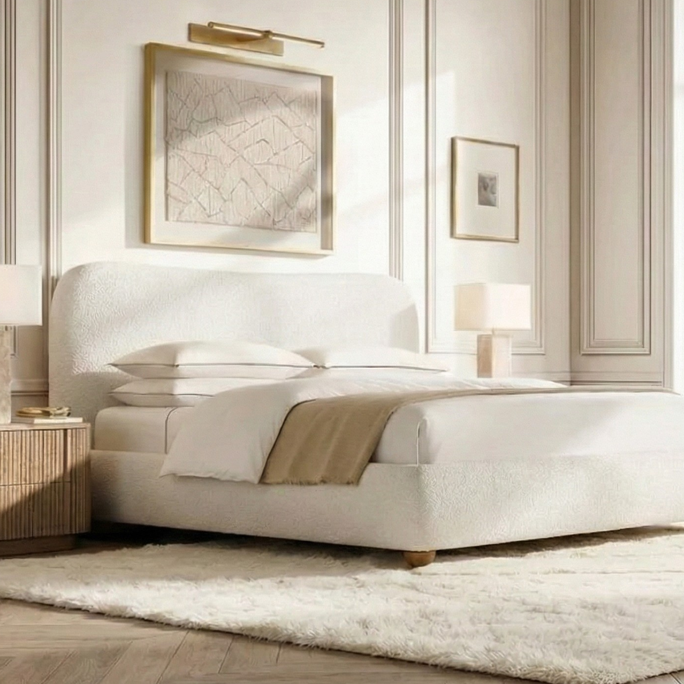 Elias Oak Night Stand styled beside an upholstered bed in a bright, elegant bedroom with classic wall panels-_Edited