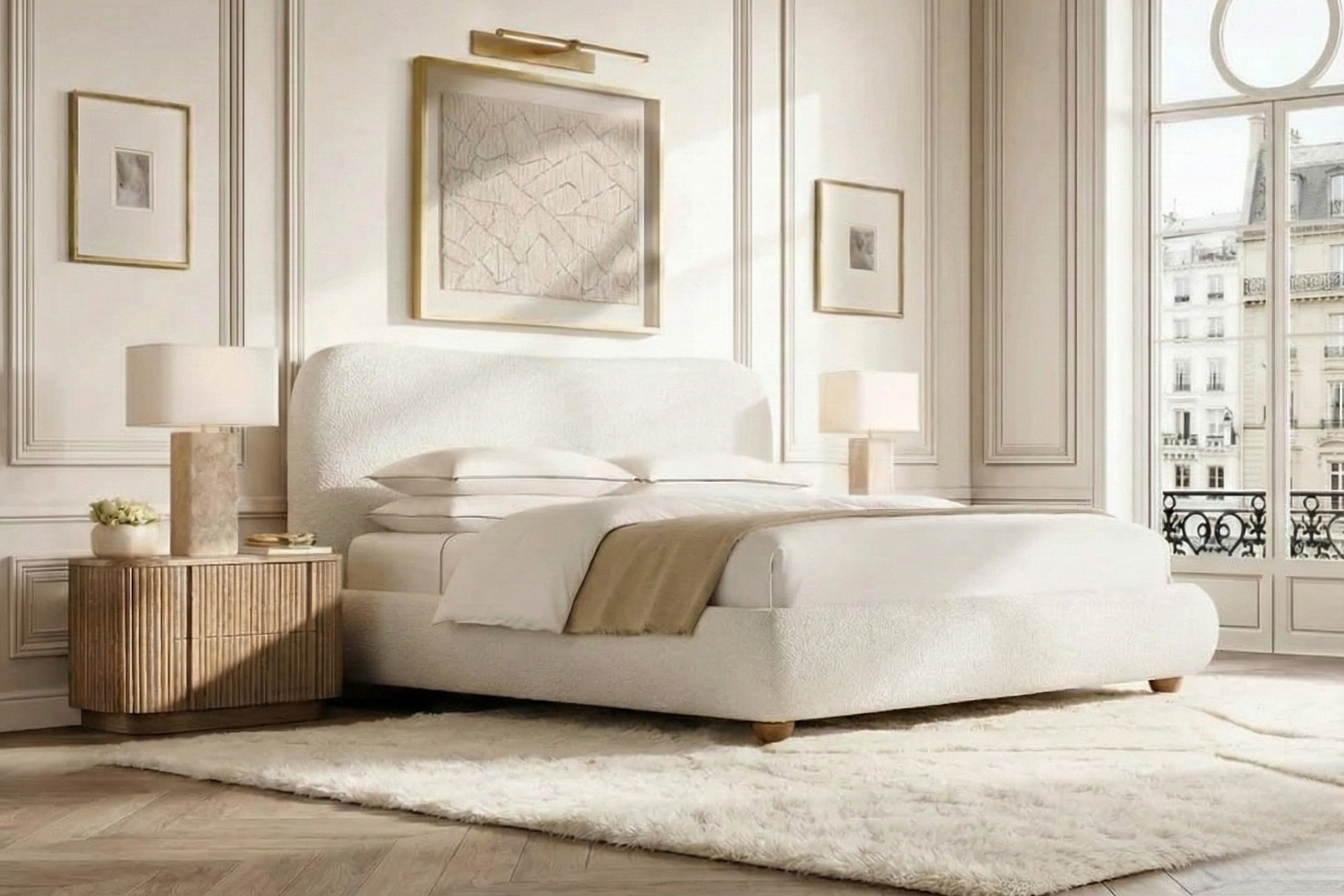 Elias Oak Night Stand styled beside an upholstered bed in a bright, elegant bedroom with classic wall panels-_Edited