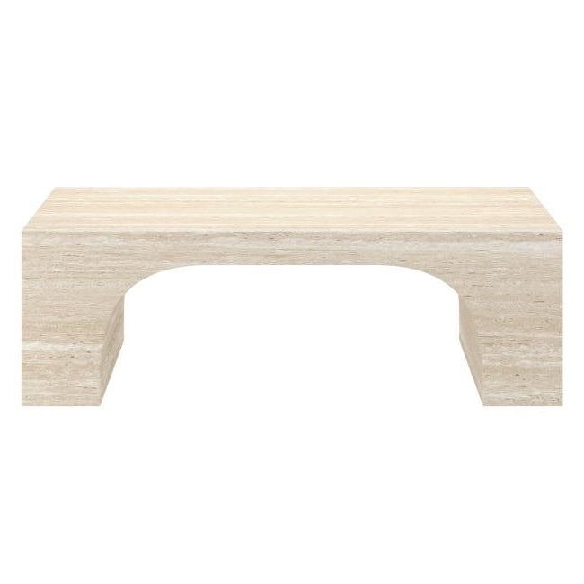 Front view of the Elio travertine coffee table with sculptural arched base