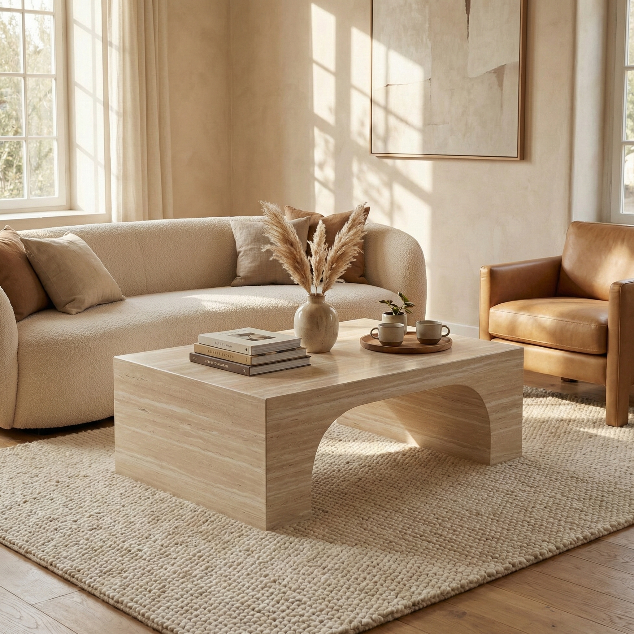 Modern living room with a beige sofa, travertine pattern arched coffee table, and decorative items.