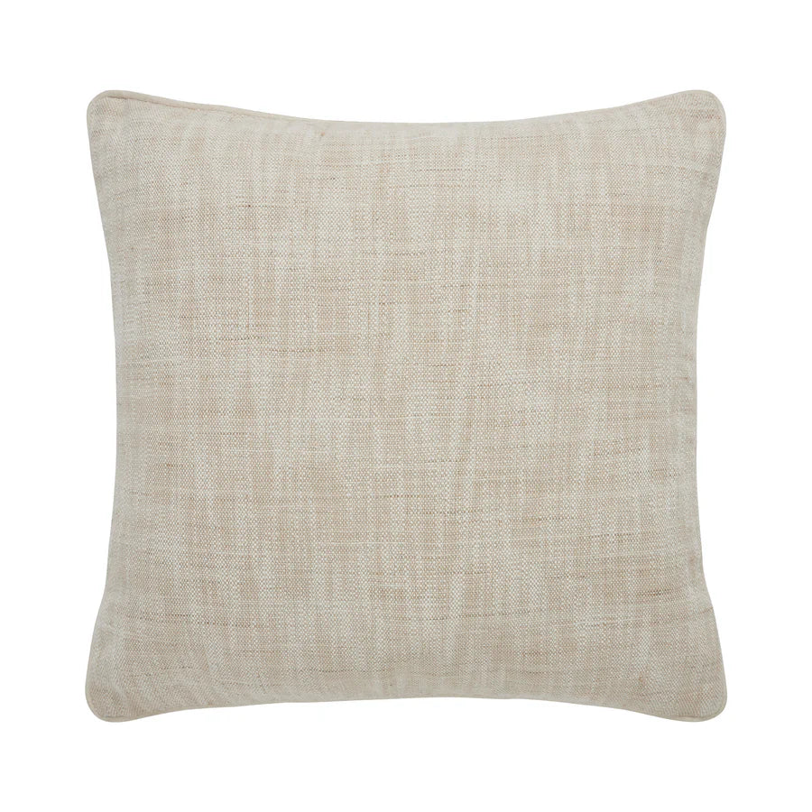 Full front view of the square Eloise woven throw pillow featuring a light beige textured fabric and piped edges.