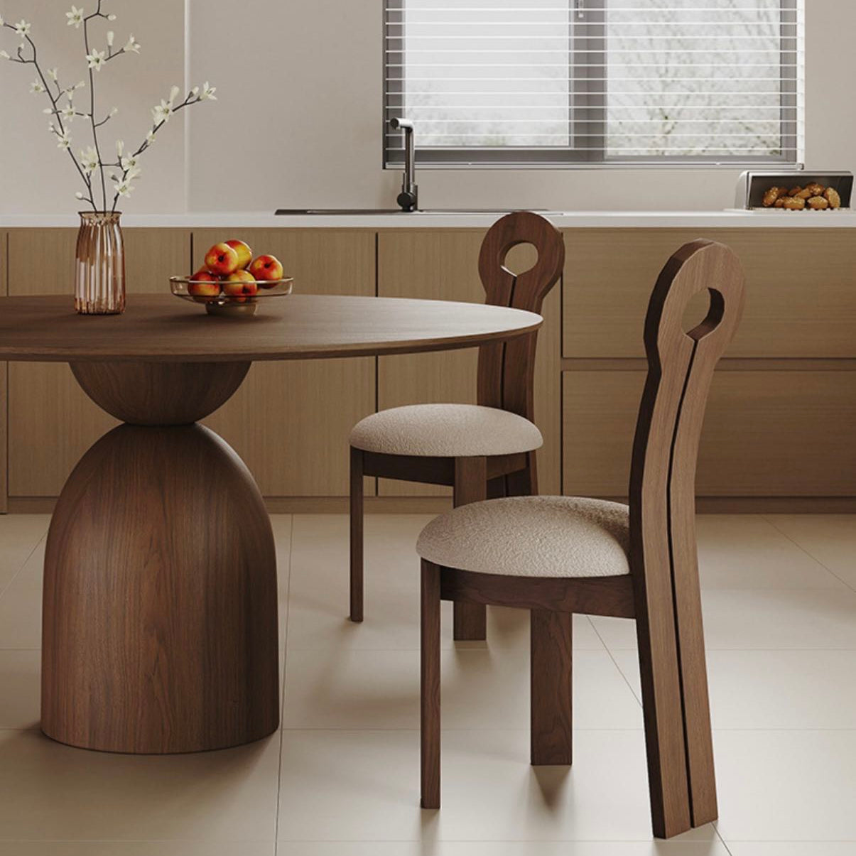 Evelyn walnut dining table with matching curved chairs in modern kitchen setting