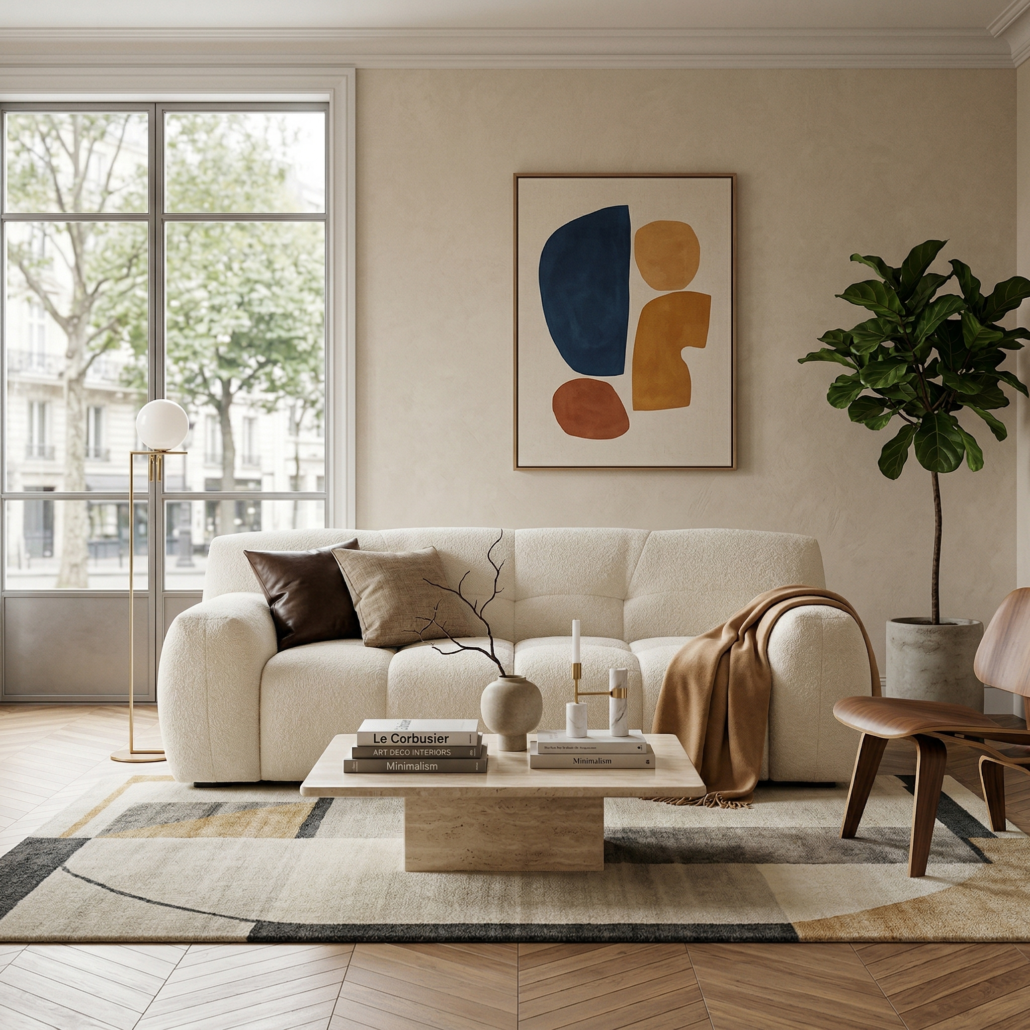 The Gummy bouclé loveseat styled in a warm living area with an abstract rug, travertine coffee table, and mid-century chair.