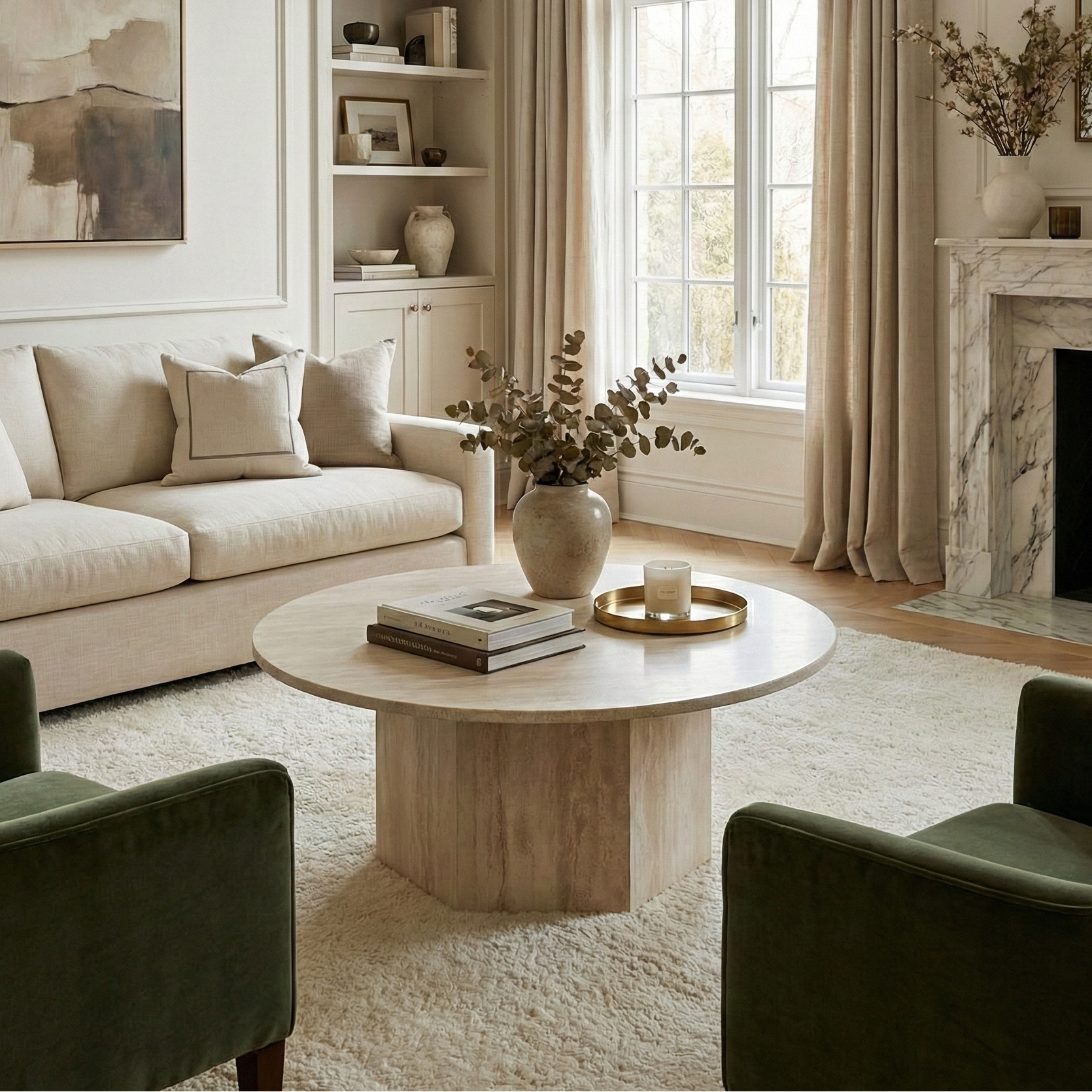 Harmony stone coffee table styled in a classic modern living room with olive green velvet armchairs and a marble fireplace.
