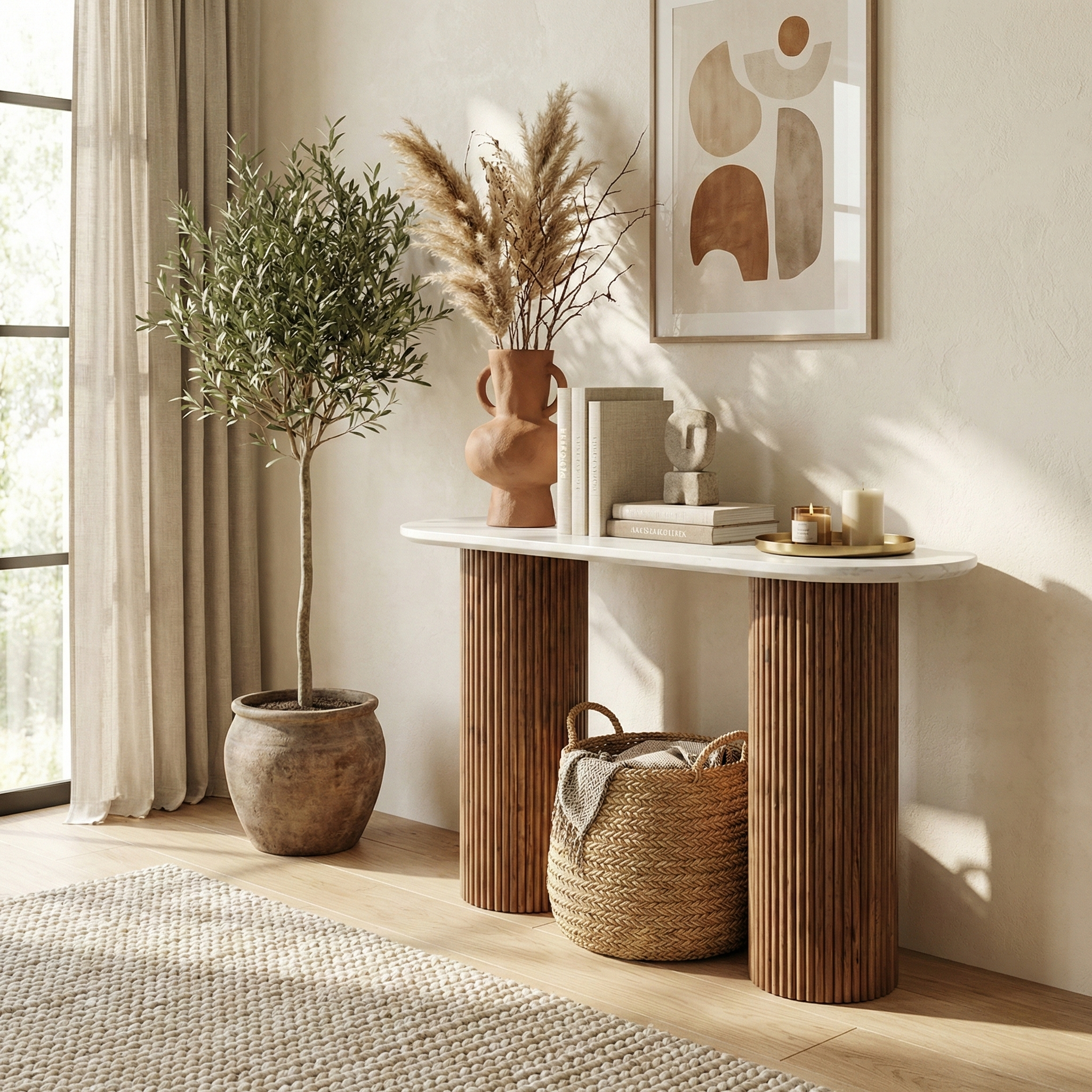 Hudson console table with white marble top and fluted wood legs styled in a bright modern entryway with decor and olive tree.