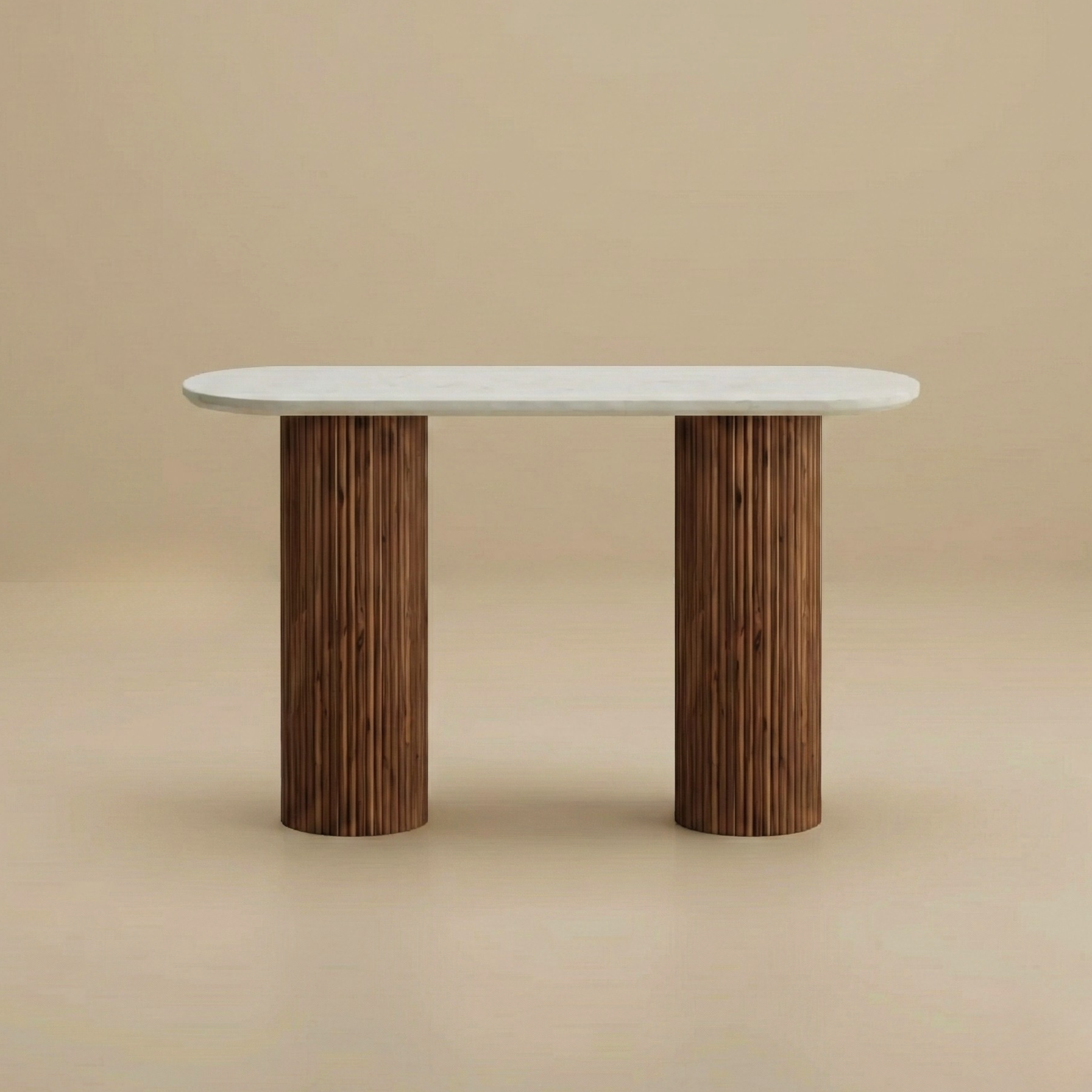 Front view of the Hudson oval console table showcasing a genuine white marble top and ribbed wood pillar legs.