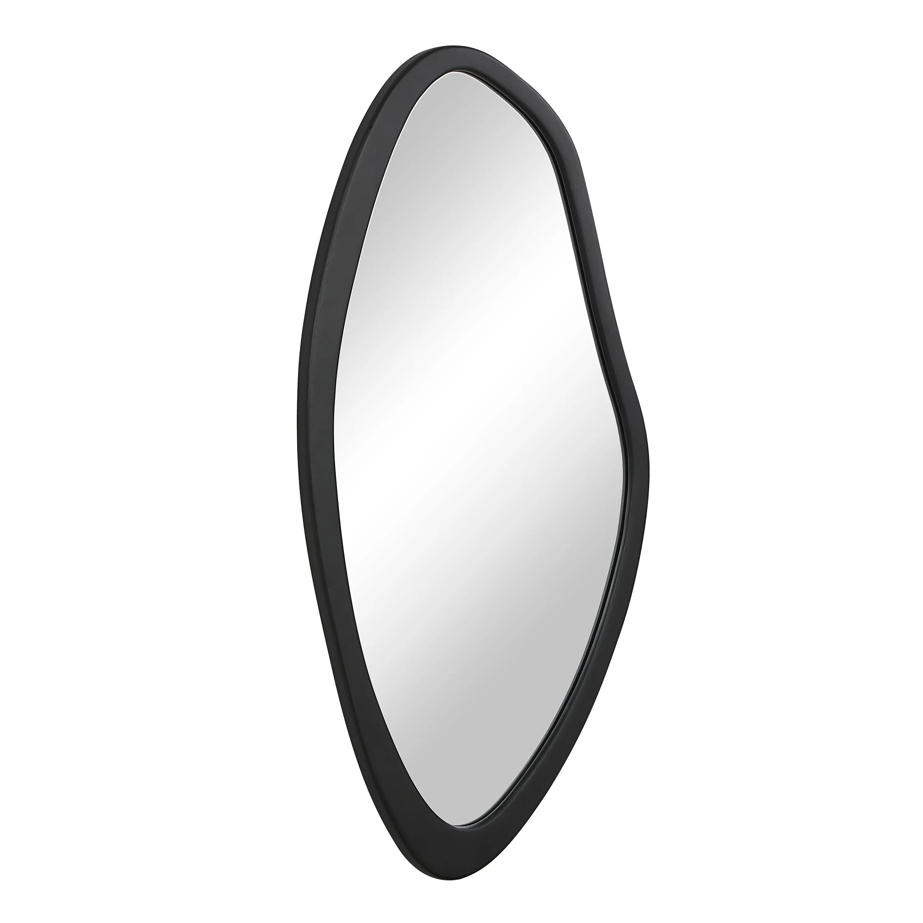 Isla Wall Mirror with asymmetrical black frame shown in angled product view.