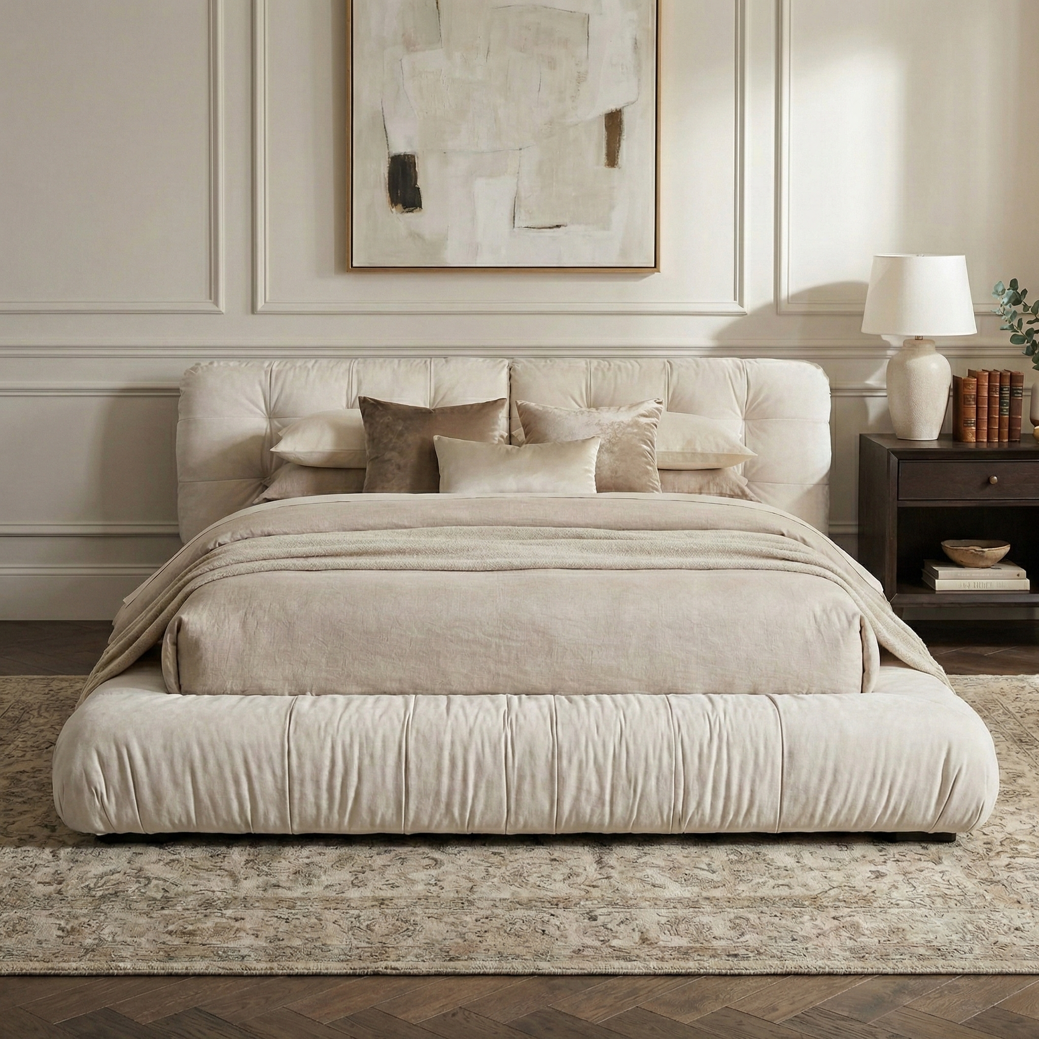 Front view of the cream Italian-style cloud bed styled with neutral bedding and a vintage rug in a soft, modern bedroom.
