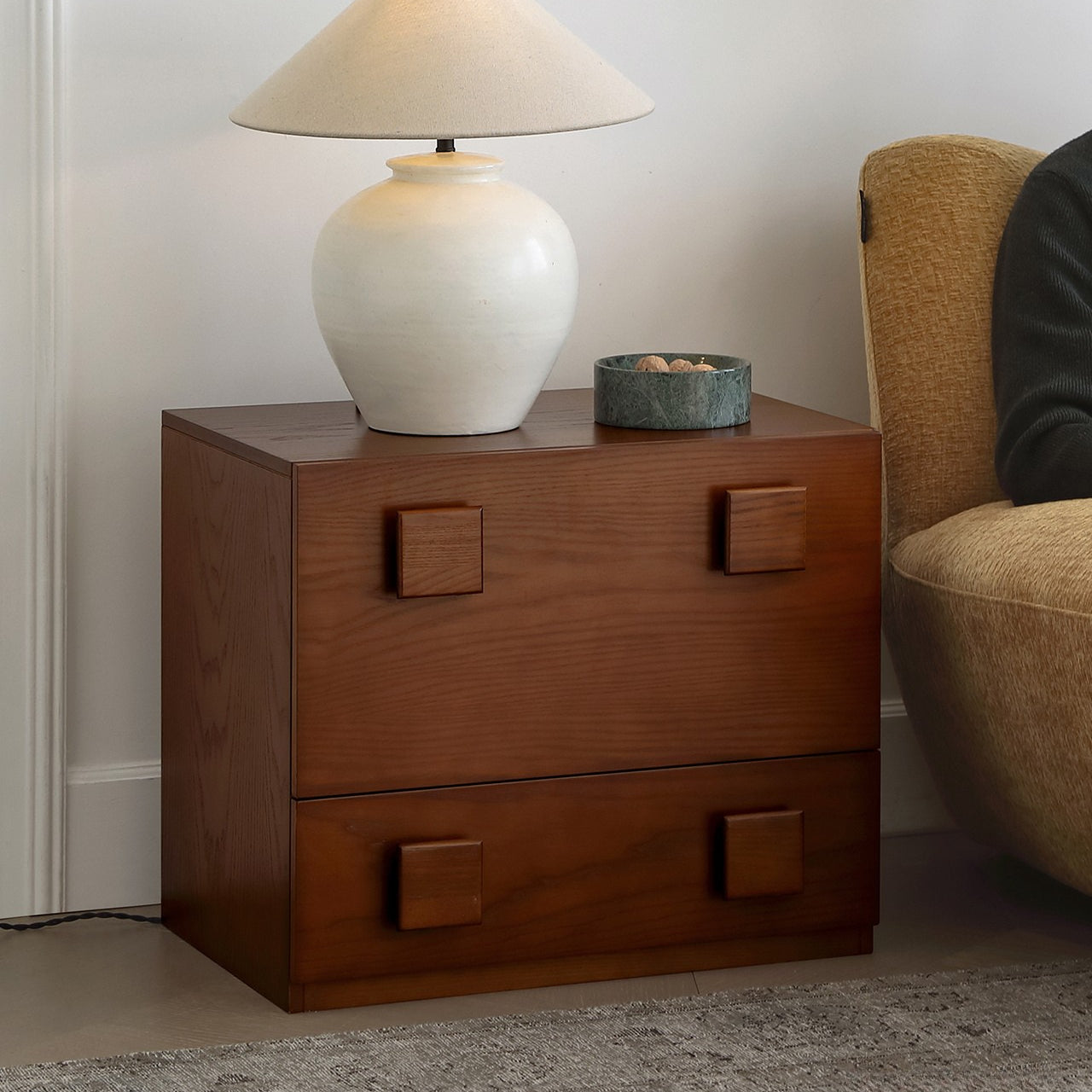 Jasper Modular Sideboard with square wood handles styled with a table lamp beside a cozy sofa in a modern living space.