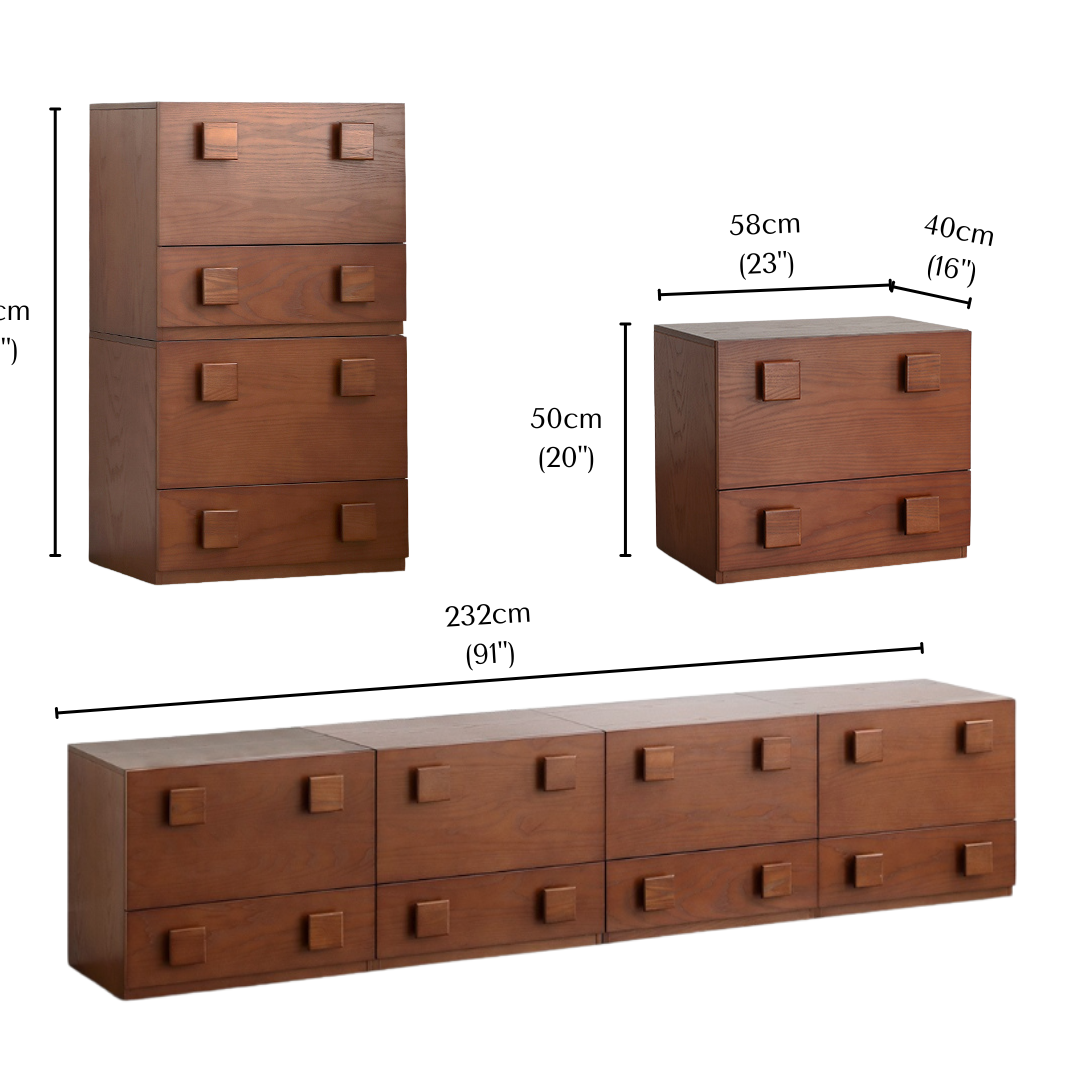 Jasper Modular Sideboard dimensions shown in multiple stackable configurations with height, width, and depth measurements.