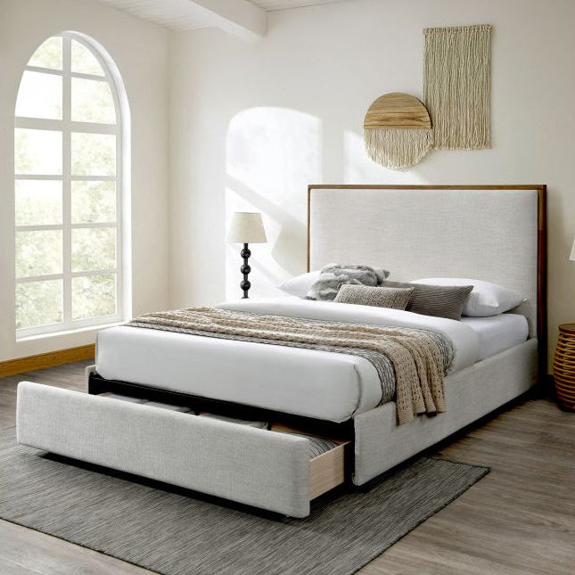 Lena storage bed styled in a bright bedroom with upholstered headboard and pull-out drawer