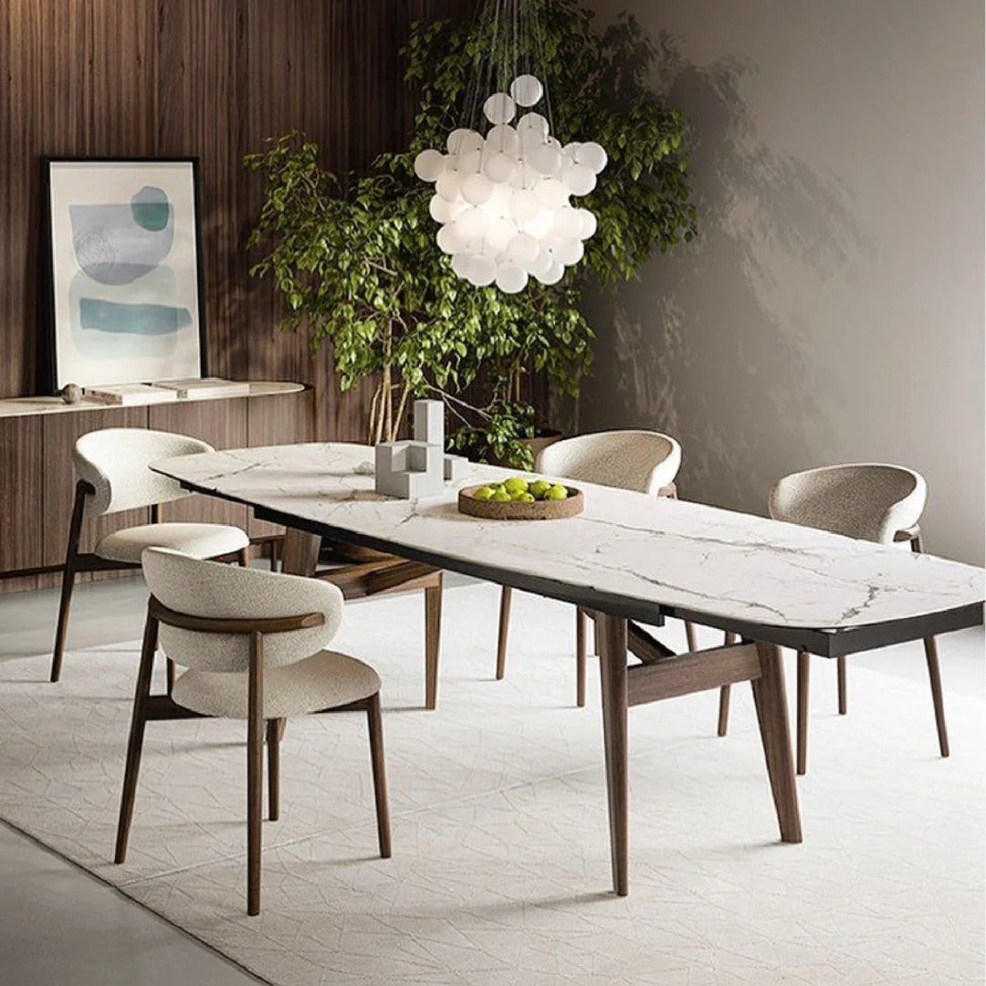 Linen Ash Wood Dining Side Chair styled around a modern marble dining table in a warm, contemporary dining room