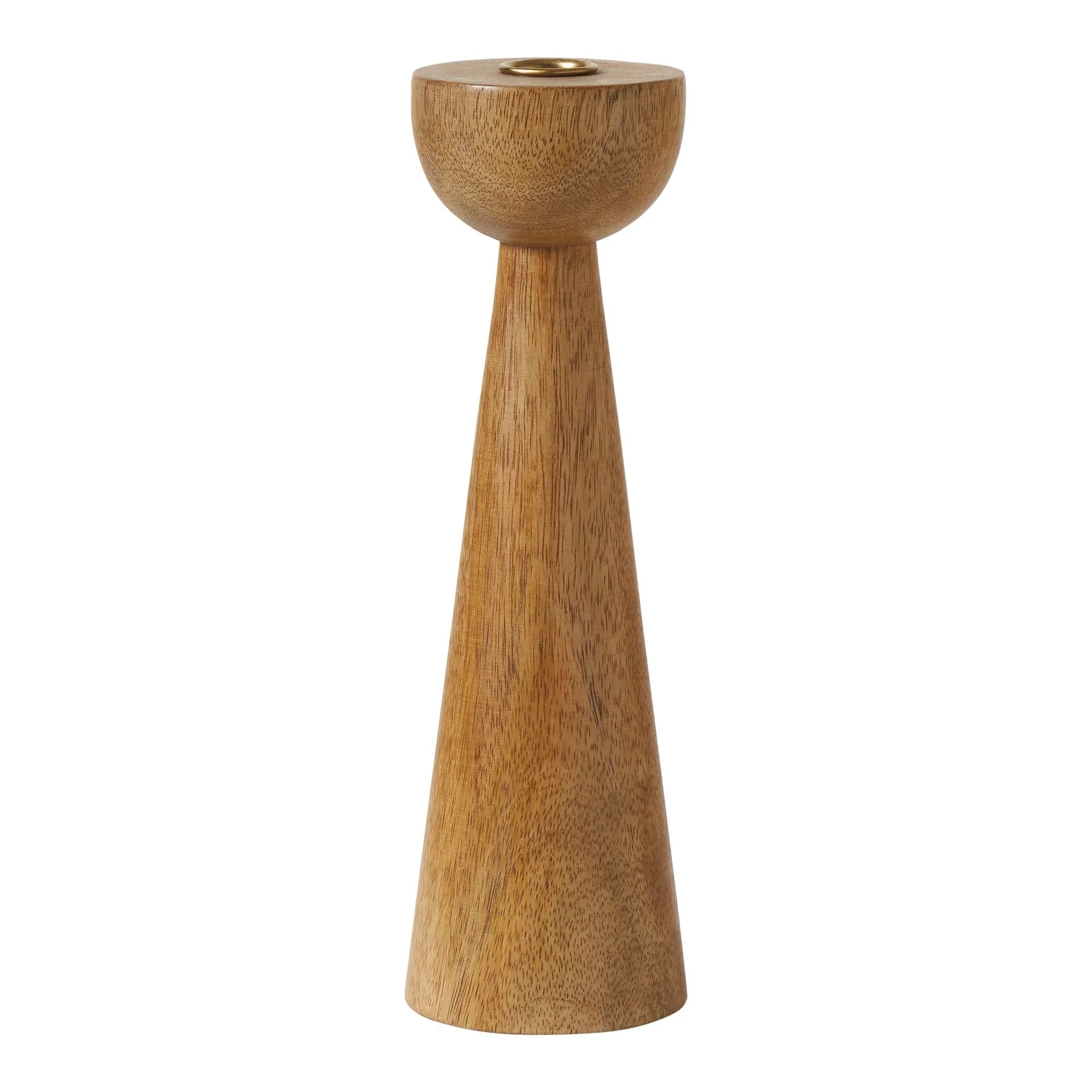 Short Liora Candle Duo holder made of smooth natural wood with a rounded top and sleek conical base
