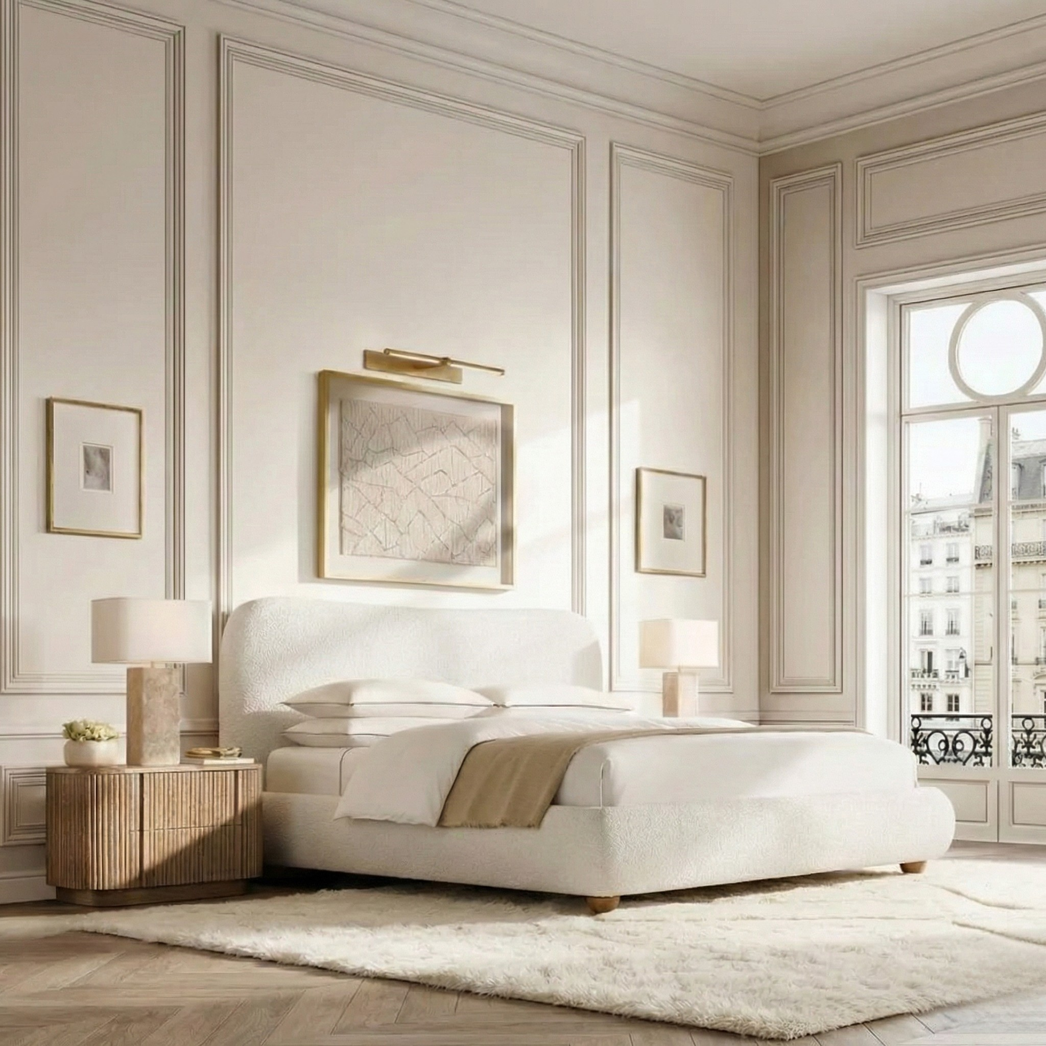 Luma Bouclé Bed styled in an elegant bedroom with paneled walls, soft natural light, and a city window view