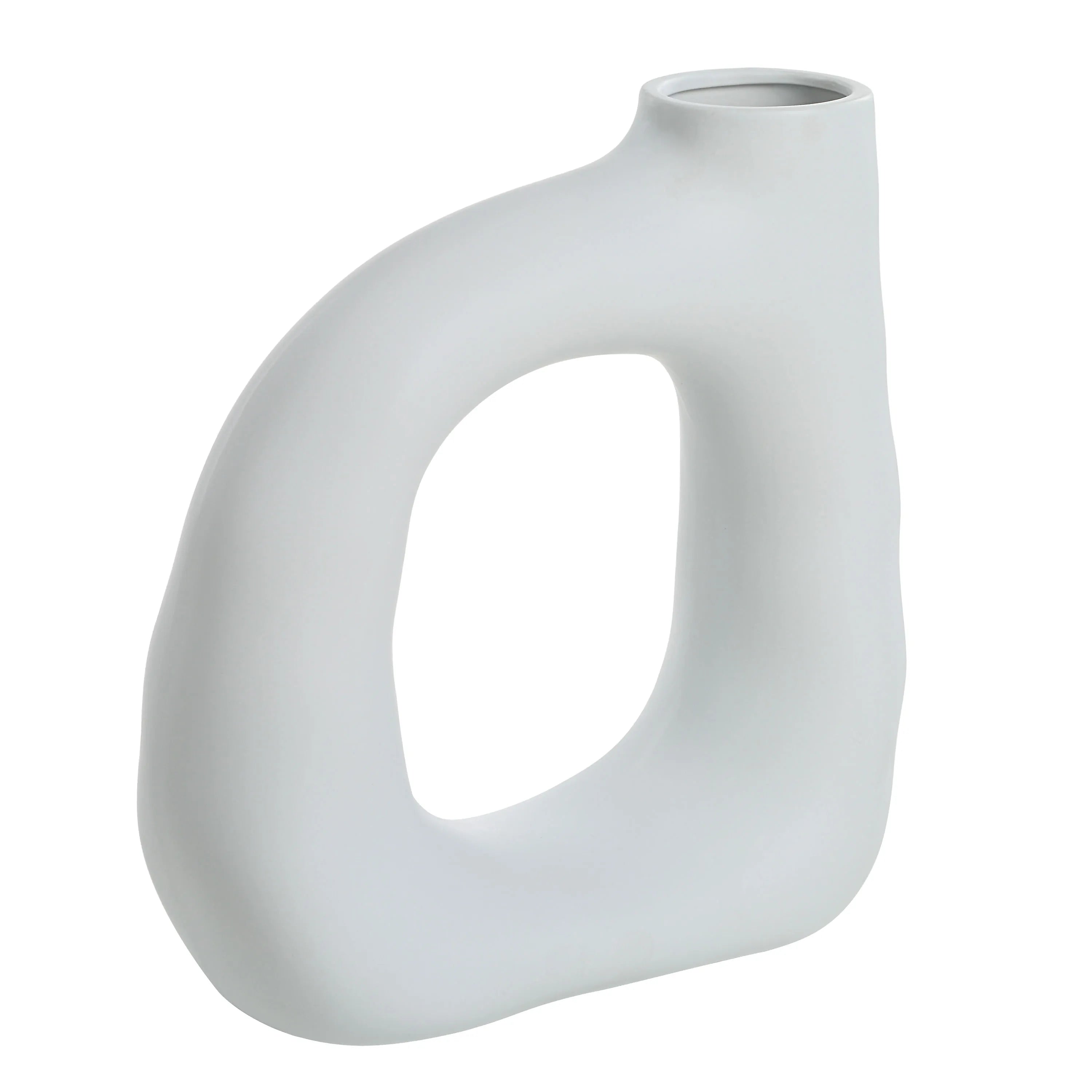 Lunara Vase in matte white with modern sculptural shape and curved open center, side angle view
