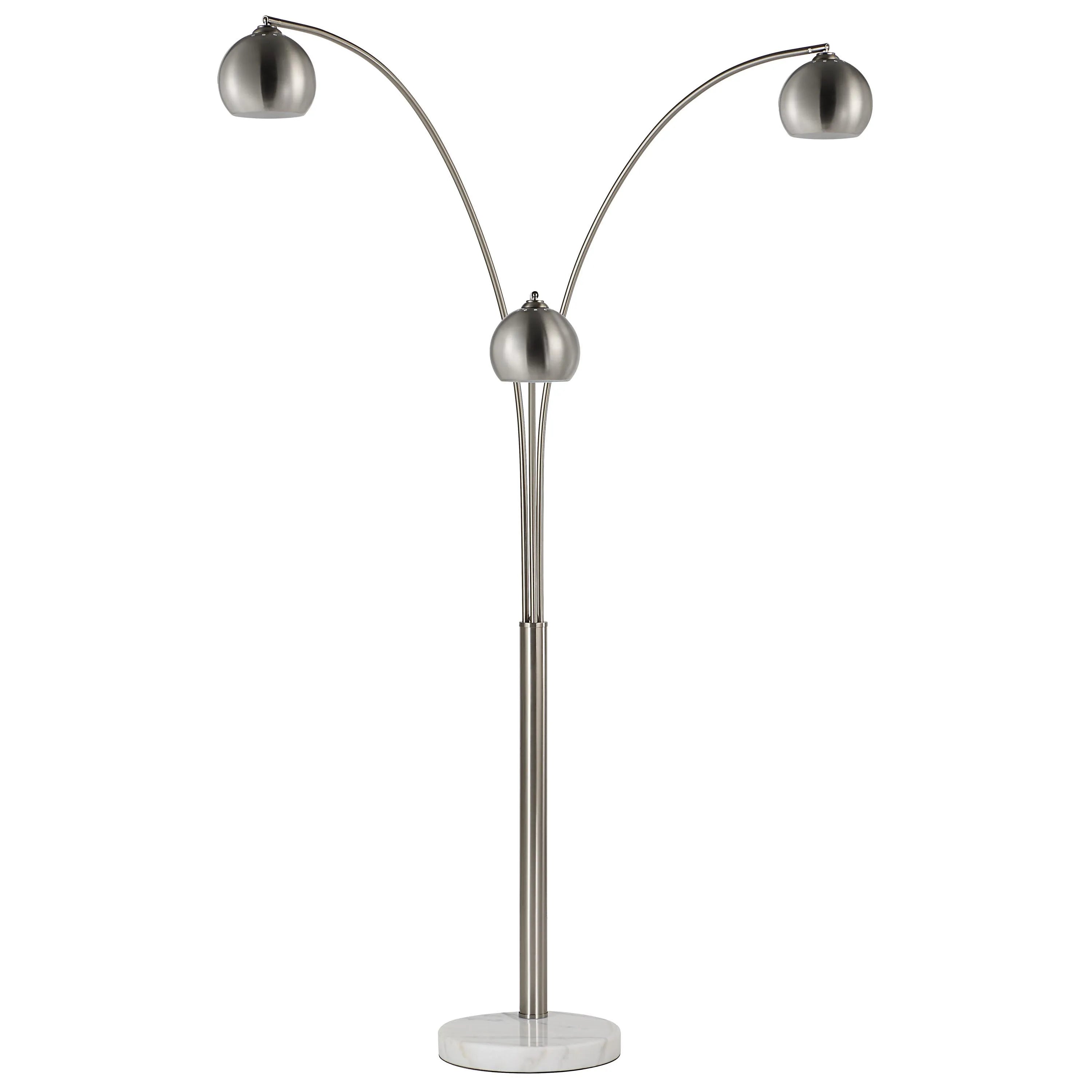 Front view of Lyra Arc Floor Lamp with three adjustable brushed steel dome lights and marble base