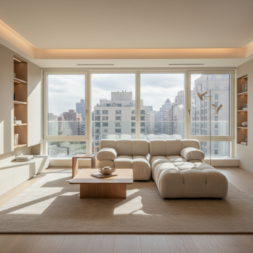 Mario Bellini Sofa in a bright modern living room with city view, natural light, and wooden coffee table on beige rug