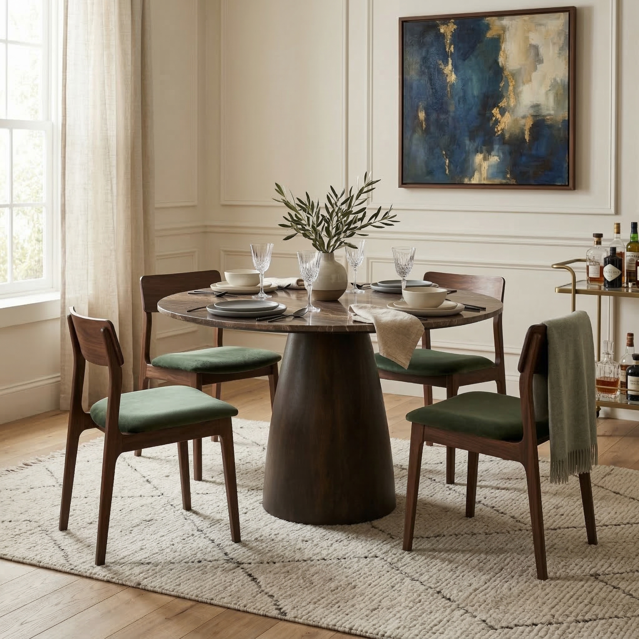 Dining room with a round wooden table and chairs, abstract painting on the wall.