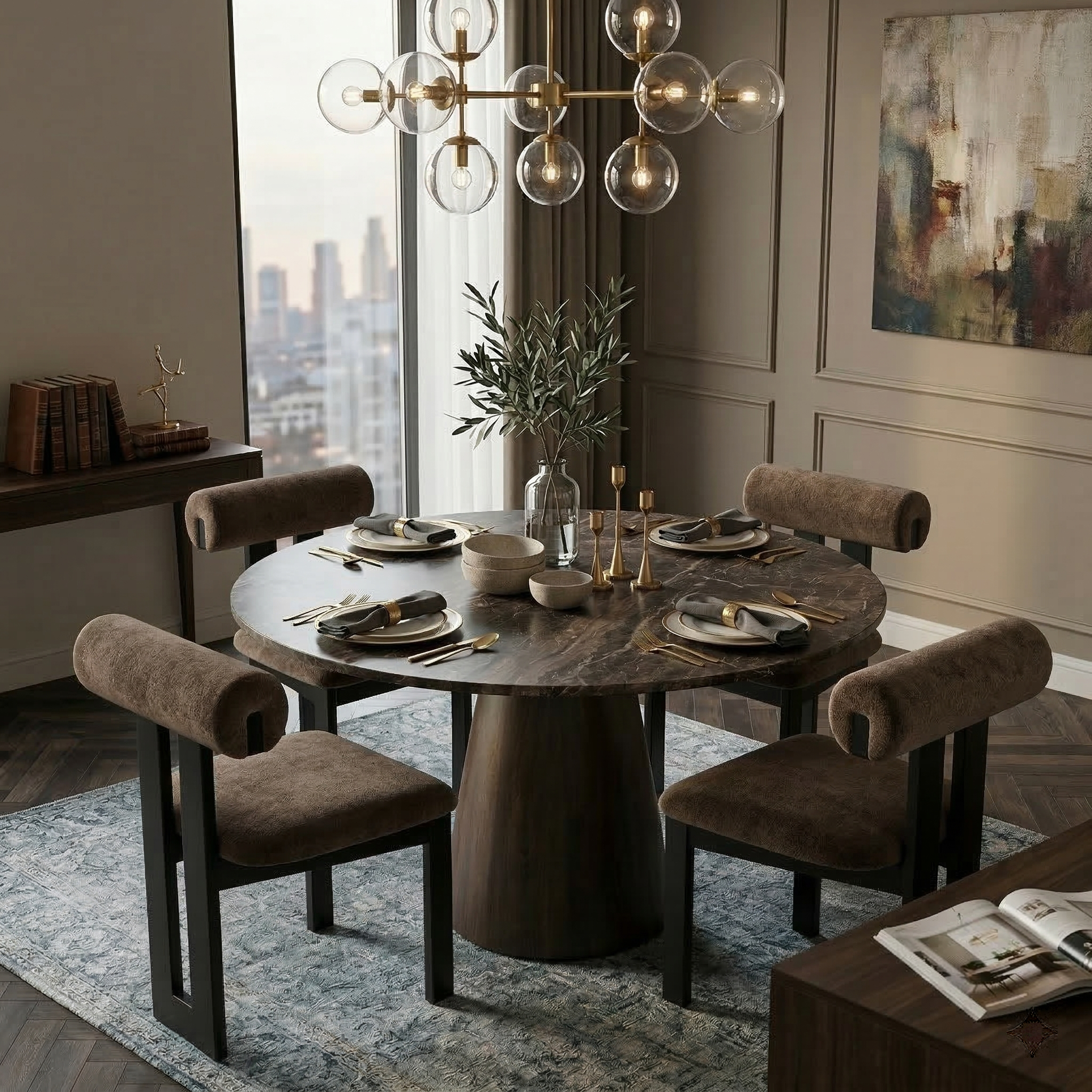 The Mateo round marble table styled in a luxury high-rise dining room with city views, paired with dark grey sculptural chairs.
