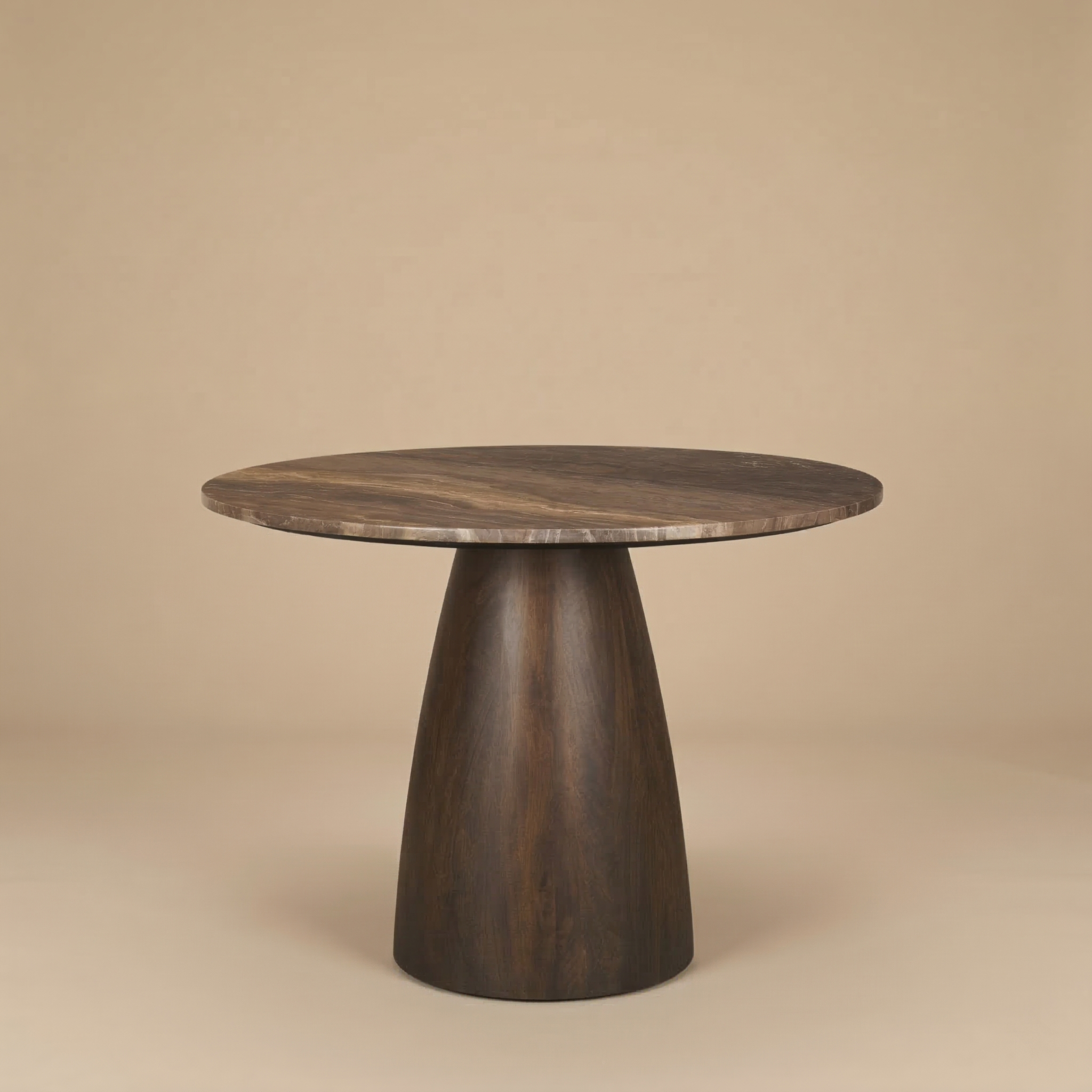 Round wooden table with a thick base on a beige background