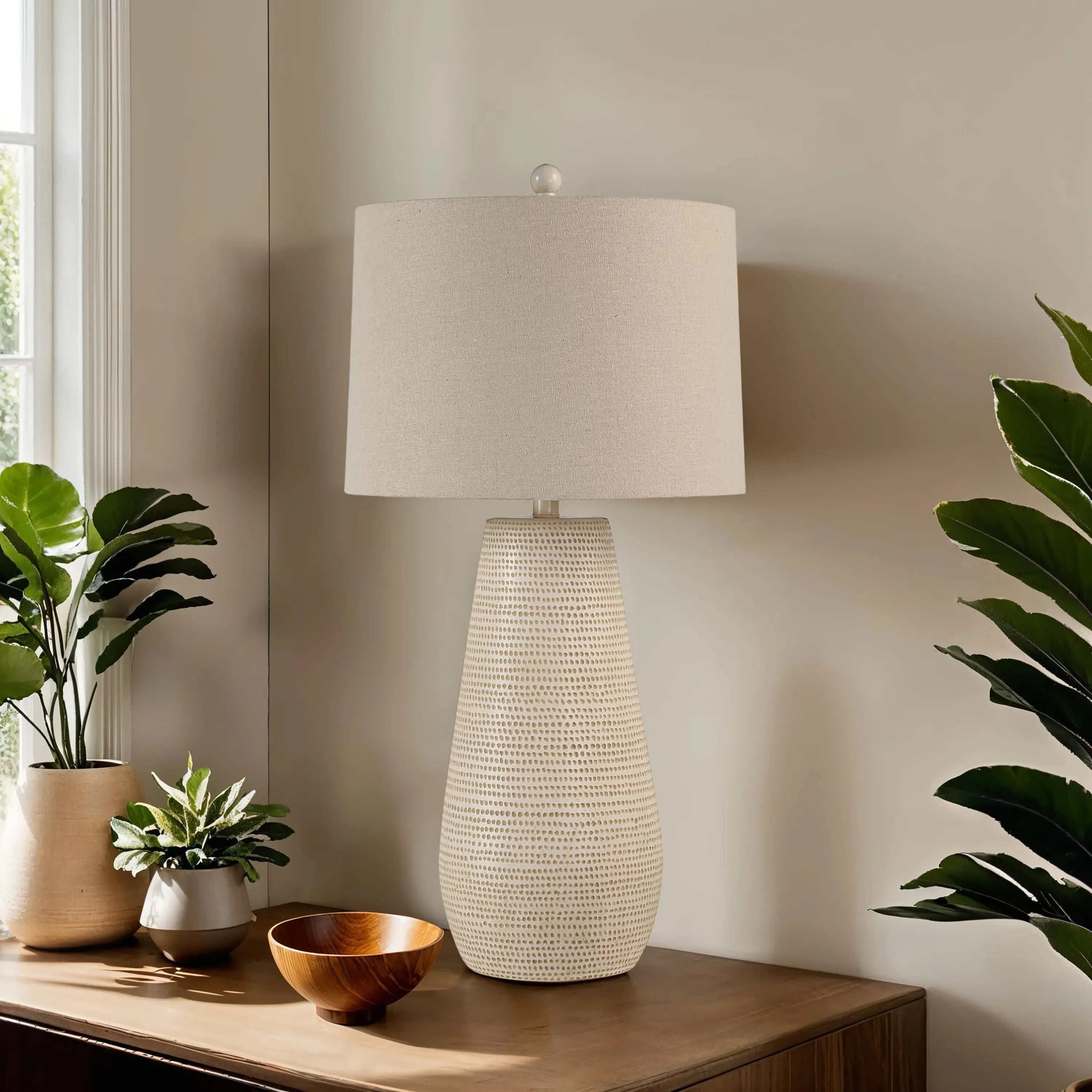 Mesa Glow Table Lamp on wooden console beside potted plants and decor, softly lit by natural sunlight
