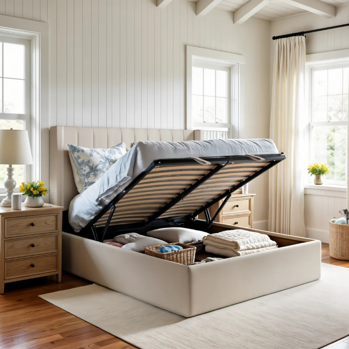 The Mila upholstered bed with its mattress lifted by a hydraulic mechanism, revealing a spacious hidden under-bed storage compartment filled with blankets and bins.