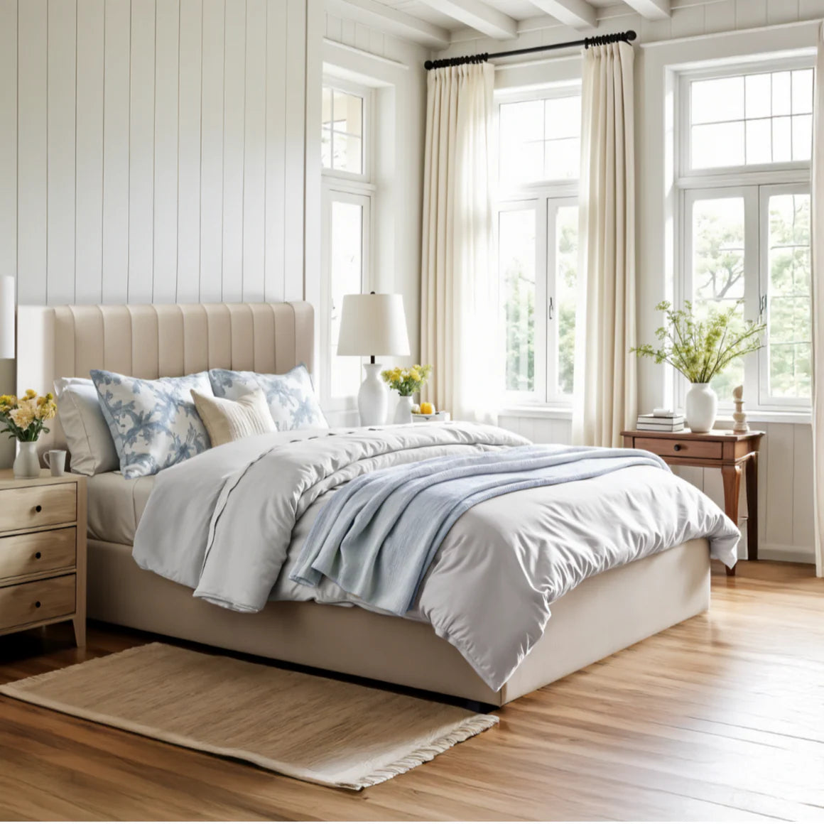 The cream Mila upholstered storage bed styled in a bright, modern bedroom with wood floors, matching nightstands, and a light blue throw blanket.