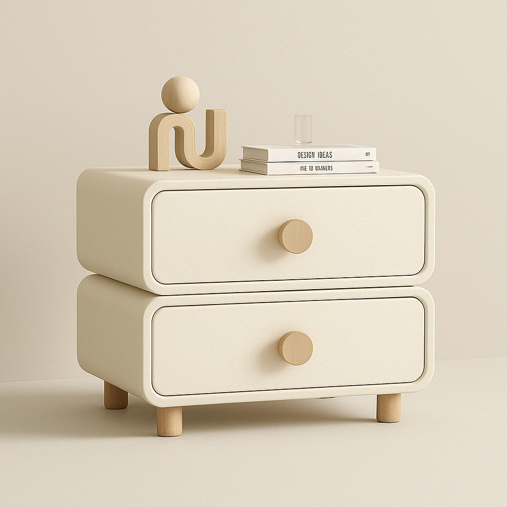 Full front view of the Milan modern nightstand featuring a soft, rounded cream frame, two drawers with round wooden knobs, and short wooden peg legs.